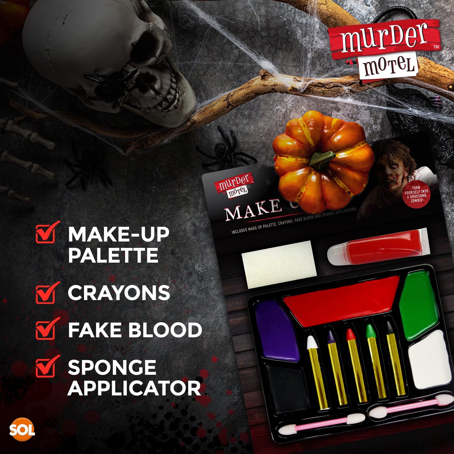 SOL 1pk Zombie Makeup Set, Includes Face Paint Colour Palette, Crayons, Fake Blood and Sponge, Halloween Vampire SFX Make Up Kit for Children, Special Effects Face Paint Set for KIds and Adults