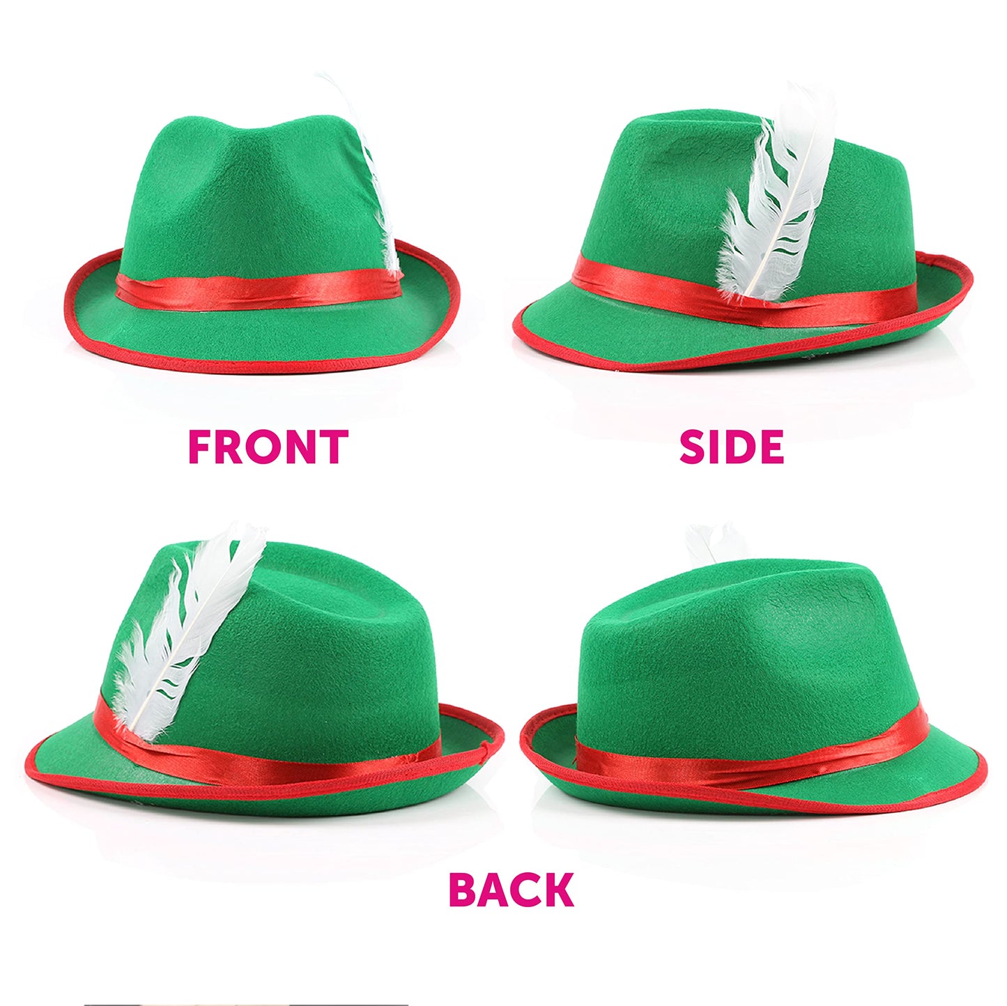 Adults Green Bavarian Hat - Pack of 6 Green and Red Oktoberfest Hat with Feather Detail - Adults German Oktoberfest Fancy Dress Costume Accessory