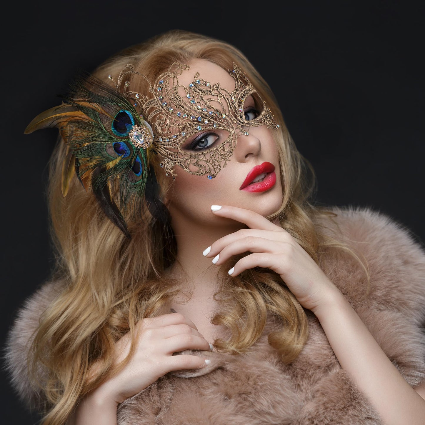 Lace Masquerade Masks for Women - 1920s Peacock Feather Venetian (image 2)
