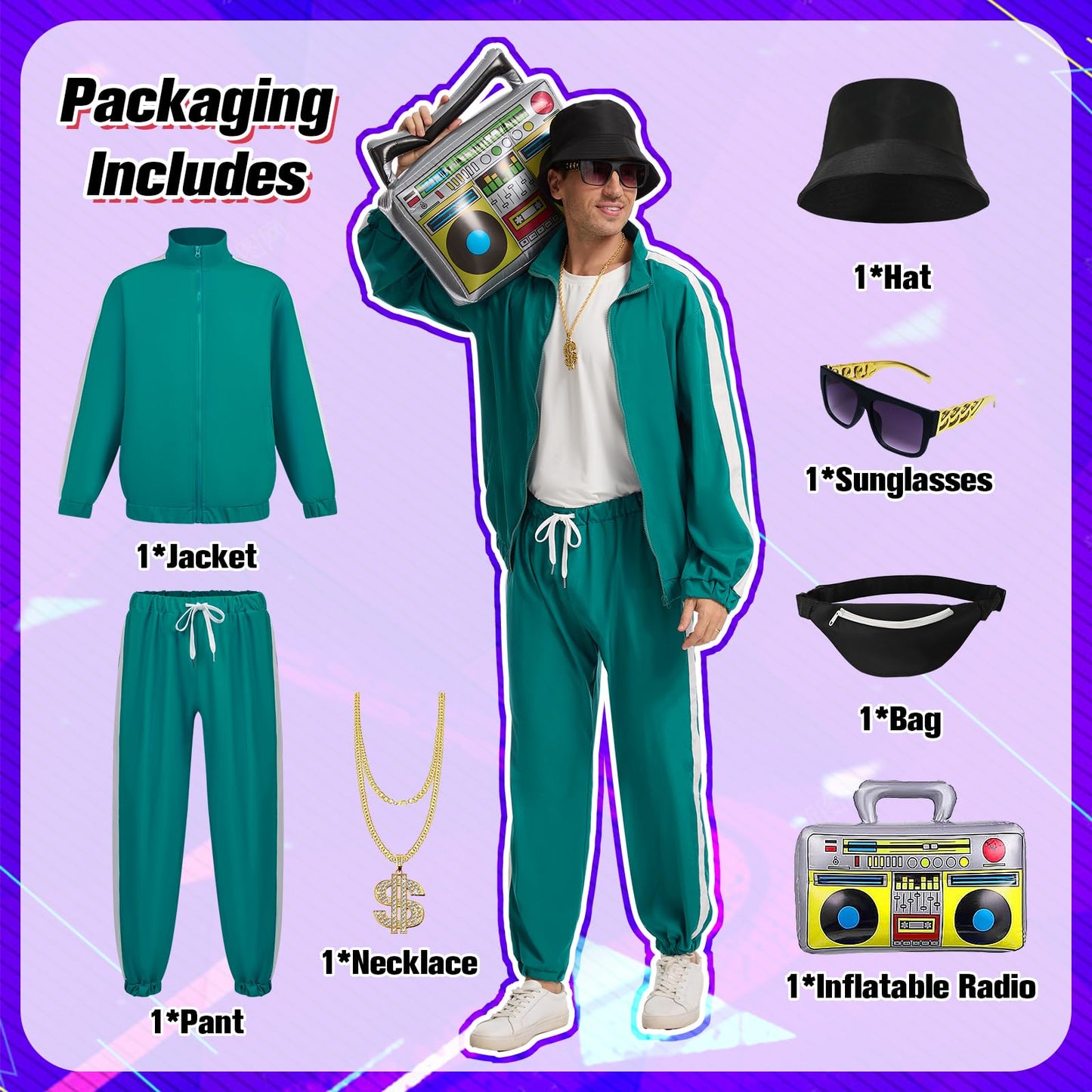 JDFAIJEAL Hiphop Costume Set for Men – Black Tracksuit with Hat, Glasses, Gold Round Necklace, Fanny Pack & Boombox Balloon – Hip Hop Outfit for Party, Halloween, Cosplay (Green, XXXL)