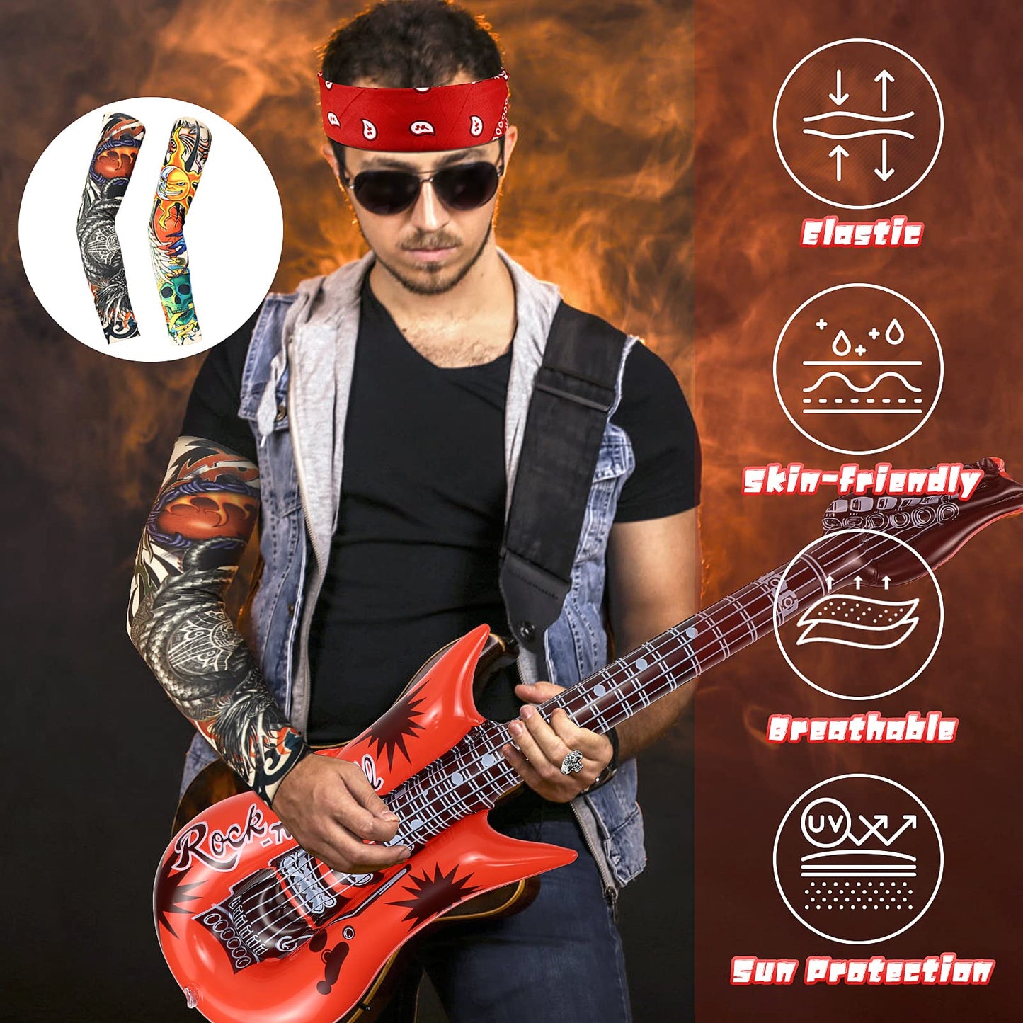 Dreamtop 10Pcs Punk Rockstar Fancy Dress Gothic Rocker Costume Set Rock Star Accessories with Gloves Sunglasses Bandana Tattoo Sleeves Bracelet Ring Inflatable Guitar Microphone