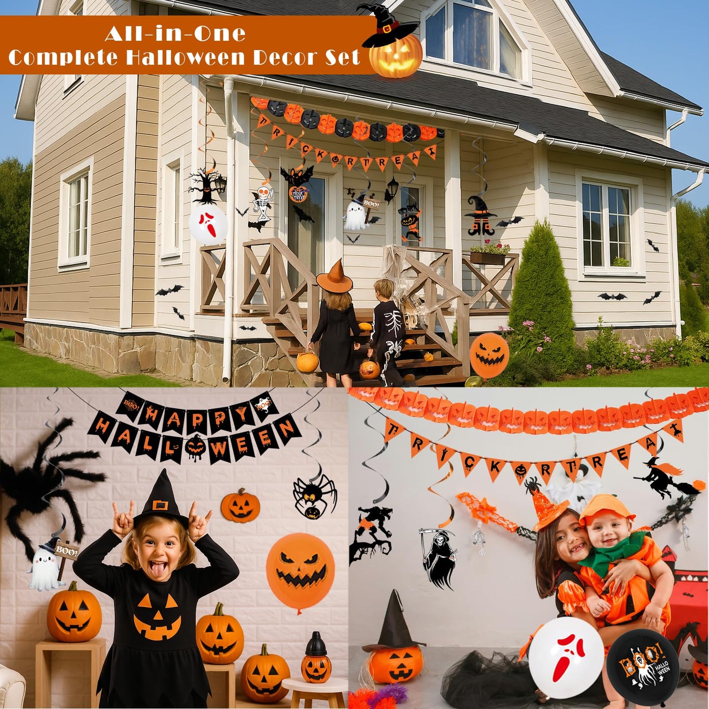 Xyxu Halloween Decorations Indoor Set - Reusable Happy Halloween Decor & Trick or Treat Banners, Ghosts Pumpkin Bat Bunting Garland, Spooky Witch, Skeleton, Spider Hanging Swirl for Party Decorations