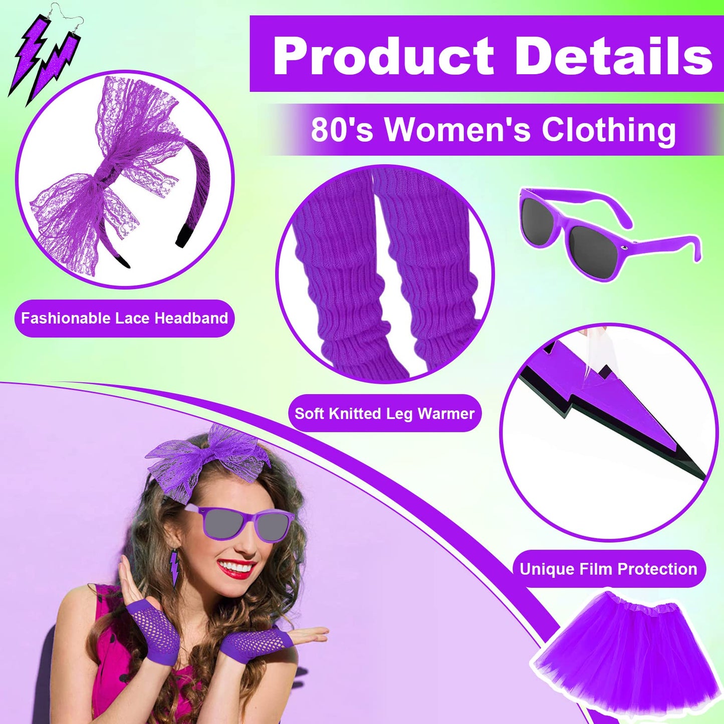 Pipihome 80s Costume Accessories Set for Women, 80s Fancy Dress Neon Headband Earrings Fishnet Gloves Bracelets Necklace Headband Accessories for 80s Retro Party