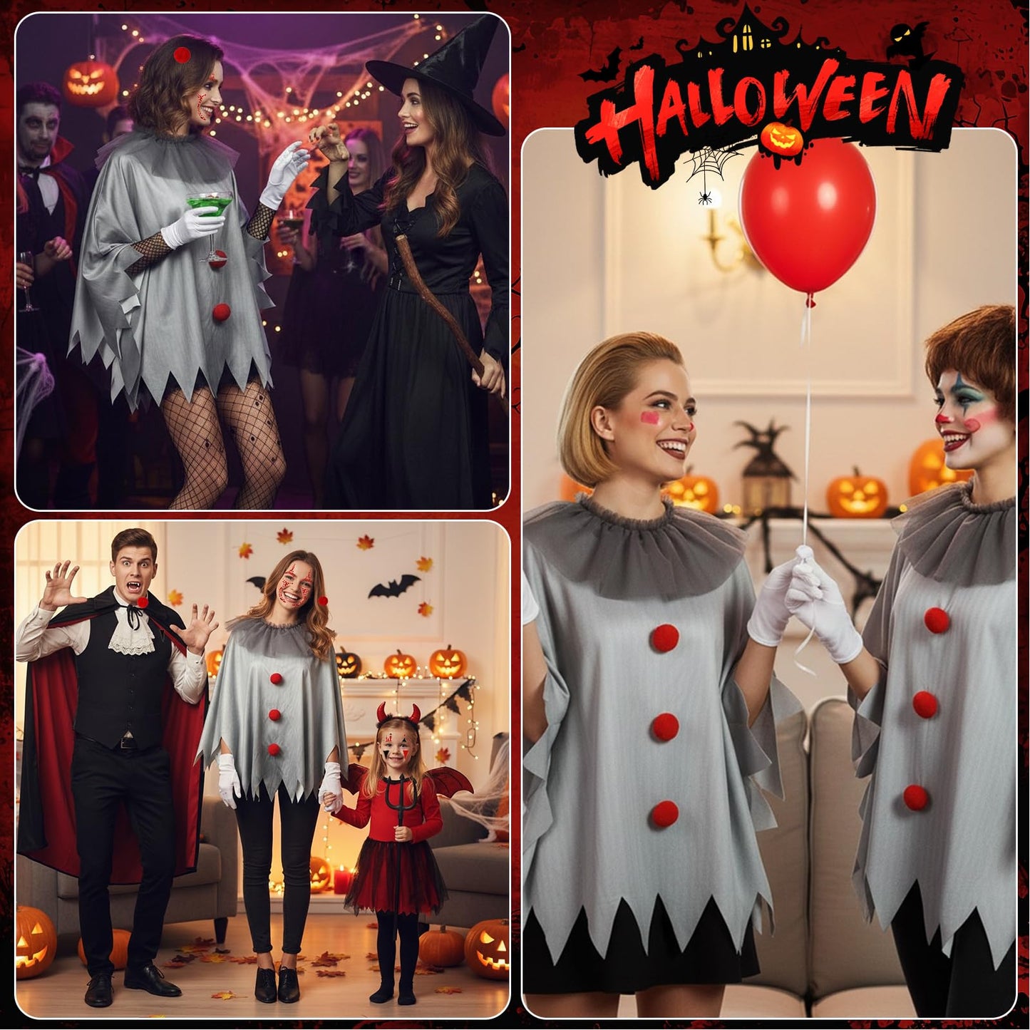 Beipegin Scary Clown Costume for Adults,Clown Poncho Face Gems Gloves Hairclip Joker Costume Terrifier Dress Up Carnival Halloween