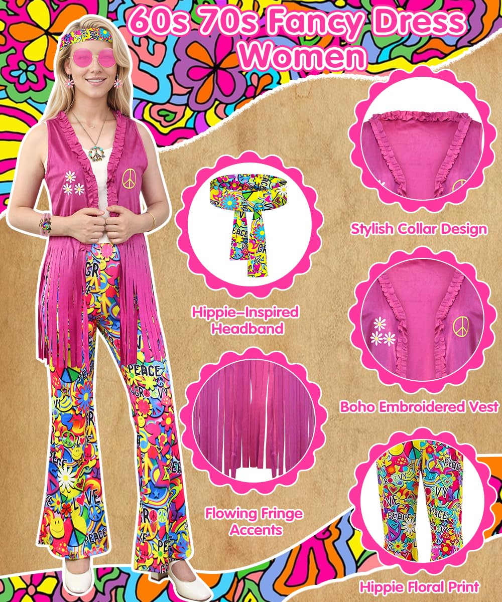 COYBTO 70s Fancy Dress Women, Hippie Costume with Fringe Vest Flared Pants Necklace Set, 60s 70s Disco Fancy Dress, 1970s Retro Hippie Outfit Hippy Clothes for Carnival Cosplay Party