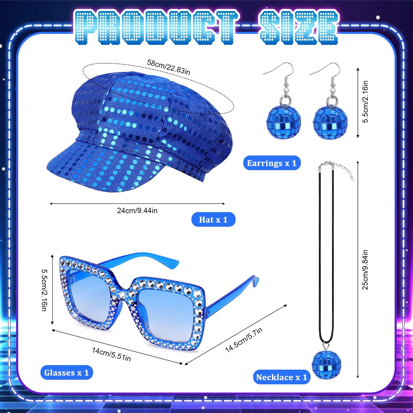 Bryndo 5 Pcs 70s Fancy Dress Set for Women, Disco Costume Accessories with Pop Poncho Sequin Beret Hat Square Bling Sunglasses Earrings Necklace for 70s Theme Party Dress Up (Blue)