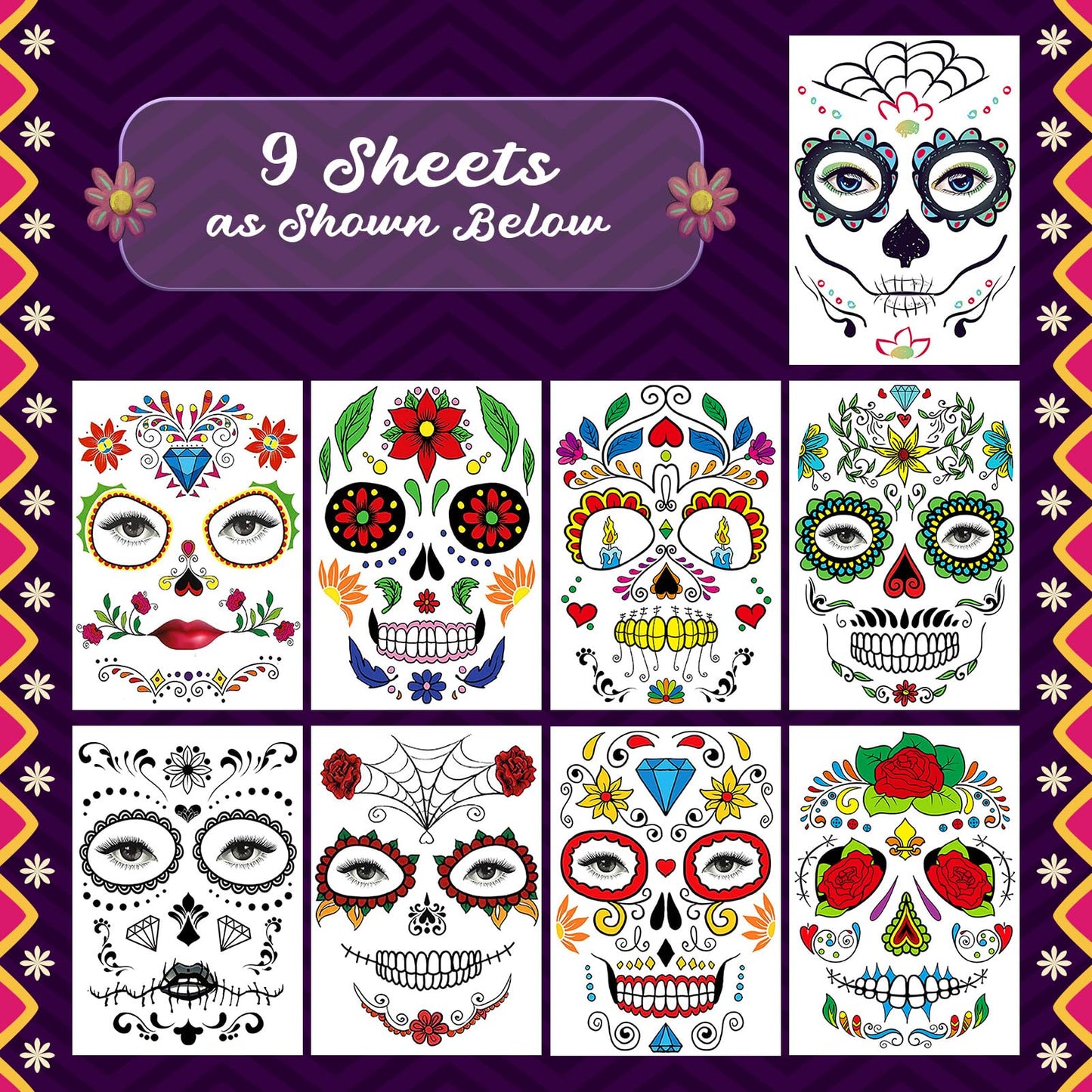 Leesgel Day of the Dead Costumes Face Tattoo, 9 Sheets Temporary Tattoos Stickers for Day of the Dead Mask Face Paint Makeup Accessories, Dia de Los Muertos Halloween Decorations