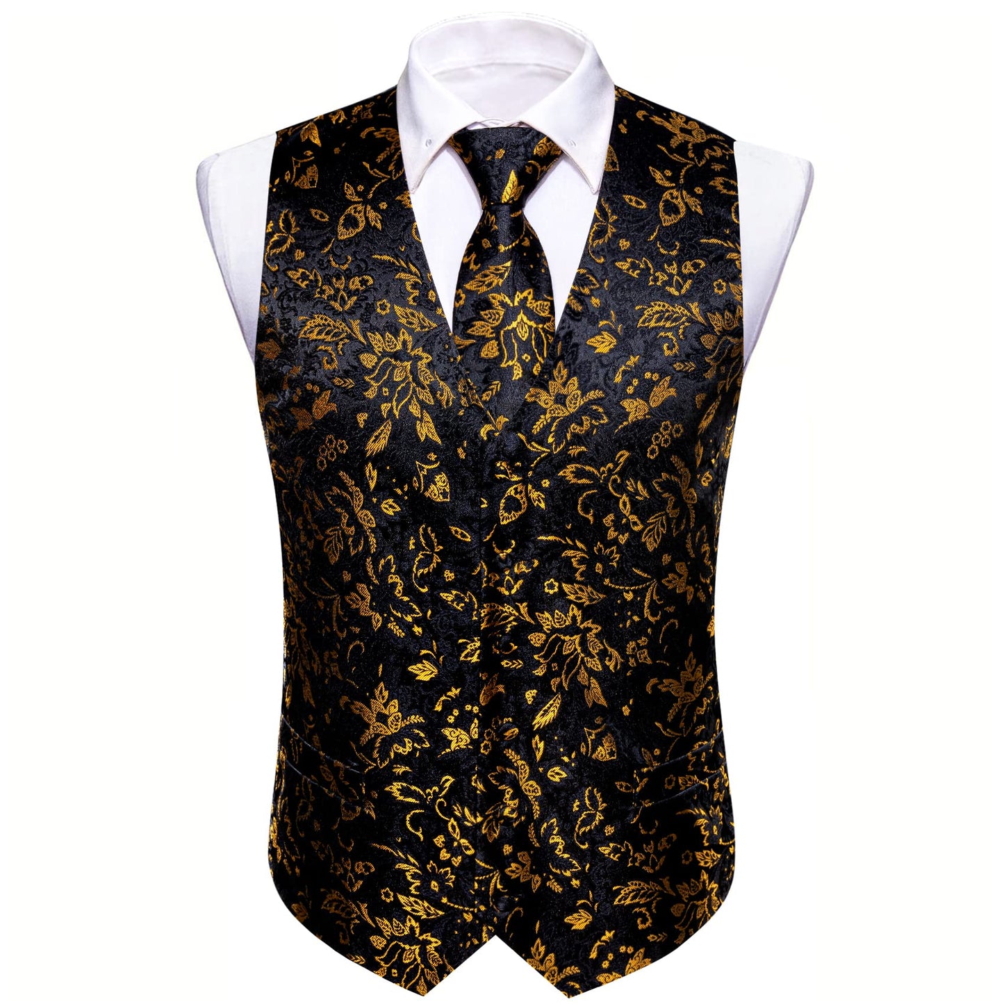 Barry.Wang Mens Paisley Black Gold Waistcoat Flower Jacquard V-neck Suit Vest Set for Wedding