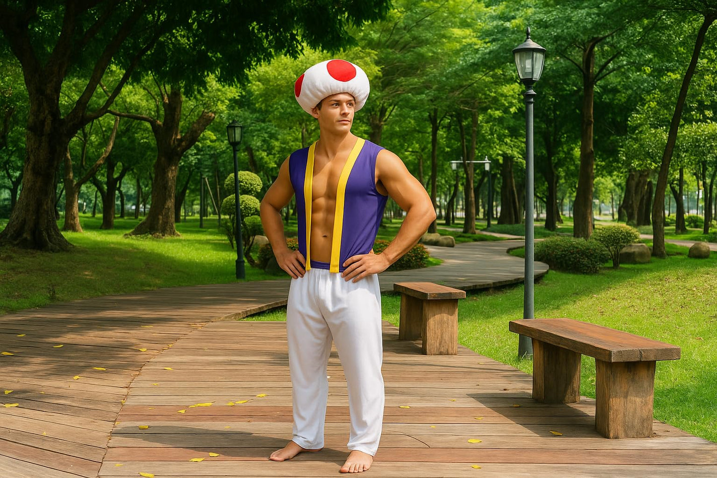 HENBRANDT Adult Men’s Videogame Mushroom Man Fancy Dress Costume Retro 1980s Novelty Toad Moustache Brothers Dress Up Outfit One Size Mens Fancy Dress Costume