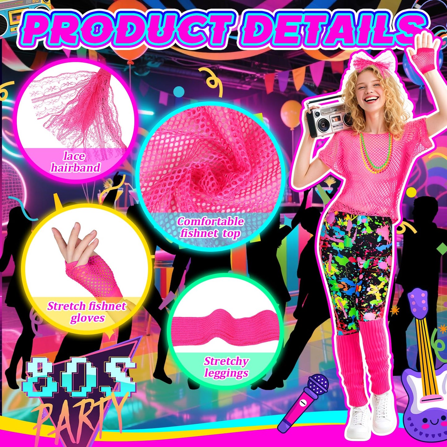 80s Fancy Dress Costume Set - 1980s Accessories Kit with Fishnet (image 4)