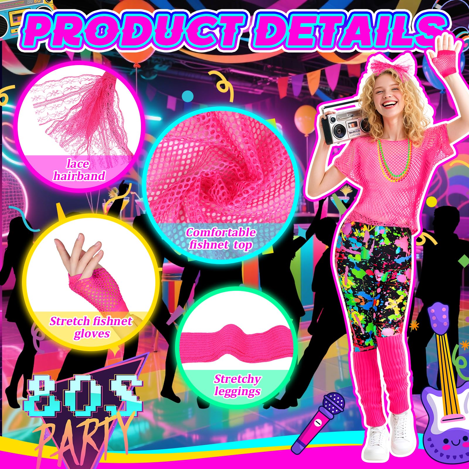 80s Fancy Dress Costume Set - 1980s Accessories Kit with Fishnet (image 4)