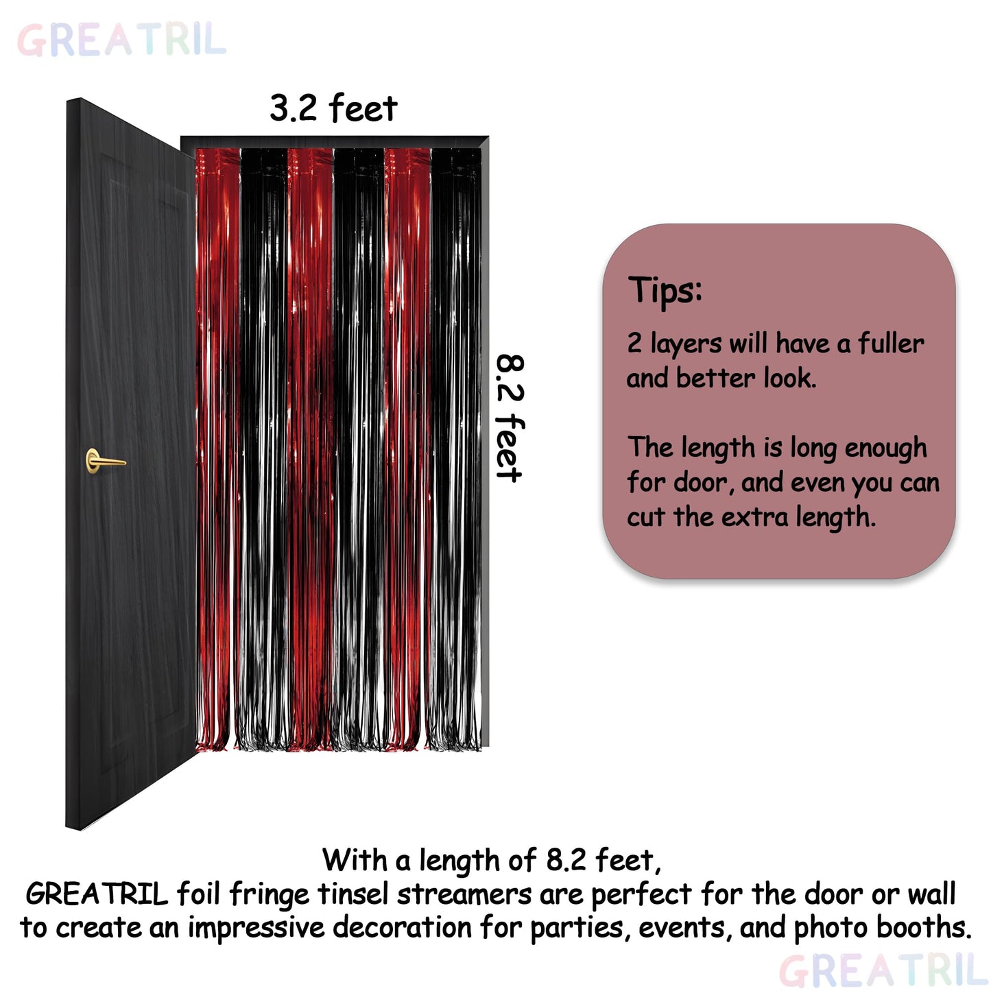 Black Red Foil Fringe Backdrop - GREATRIL Party Tinsel Curtain Streamers for Halloween Horror Stranger Casino Graduation Birthday Party - 1m X2.5m - 2 Packs