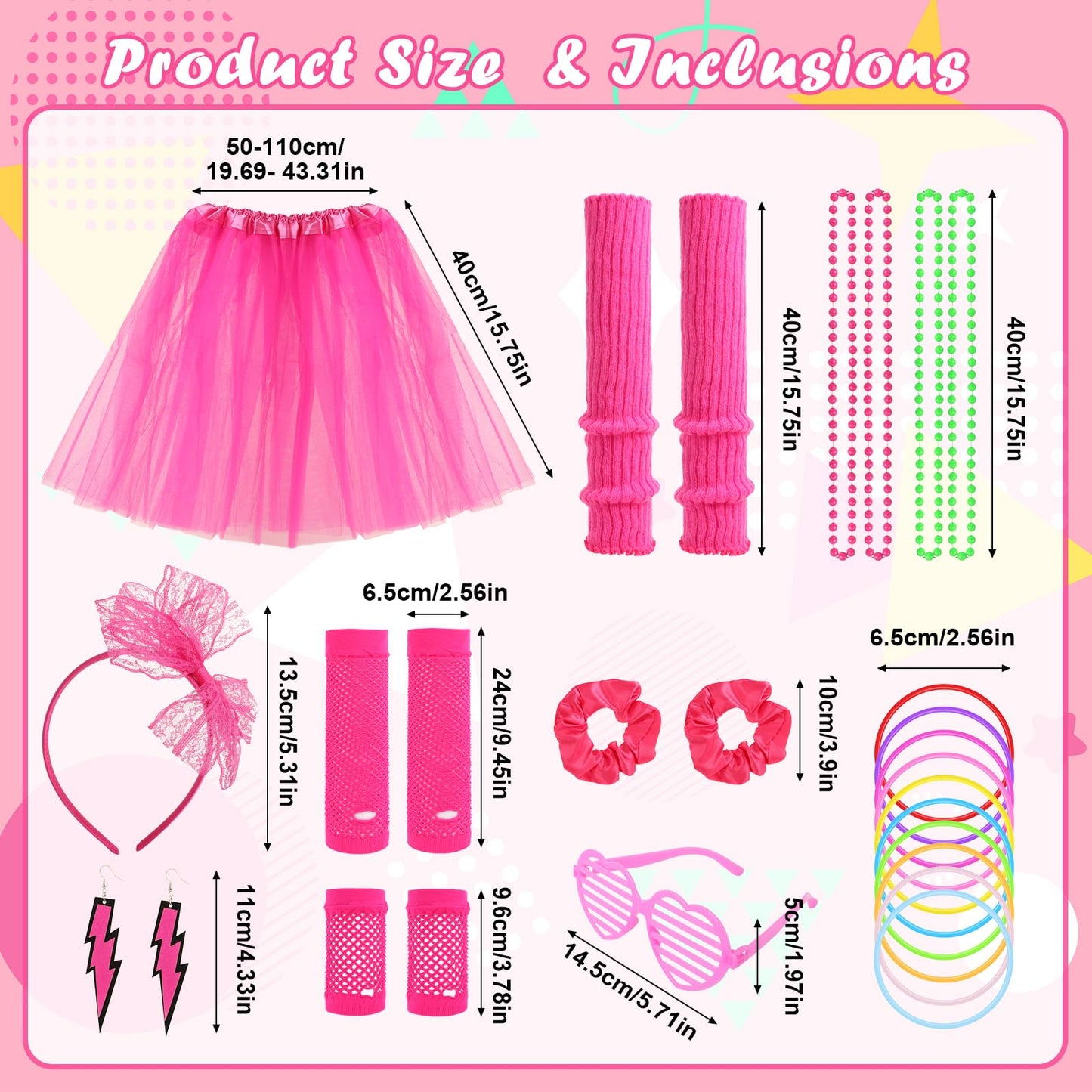 80s Fancy Dress for Women, Complete 21-Piece Retro Party Costume Accessories Set with Tutu Skirt, Fishnet Gloves, Leg Warmers & Headband for 1980s Theme Parties, Retro Party Dress up & Fancy Dress