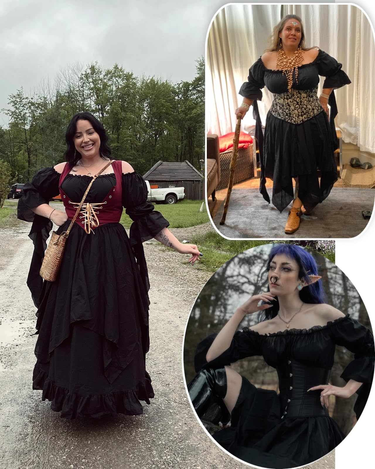 CR ROLECOS Women's Victorian Dress Puff Sleeve Off Shoulder Ruffle Plus Size Medieval Costume for Women Renaissance Dress Black XXL/3XL