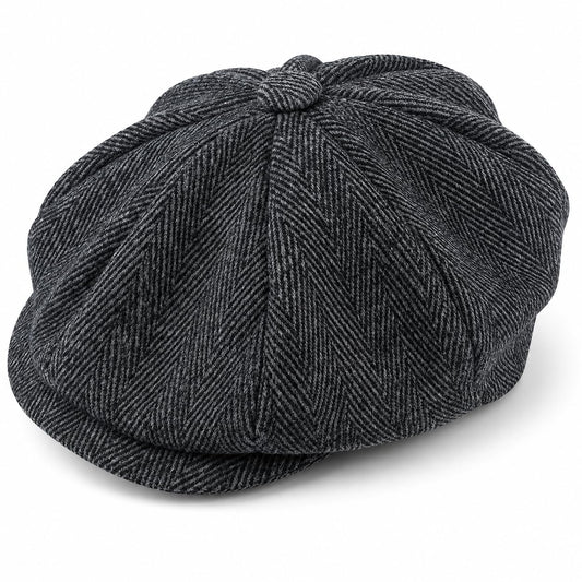 Peaked Flat Cap 1920s Gatsby Newsboy Hat Black Herringbone Wool 8