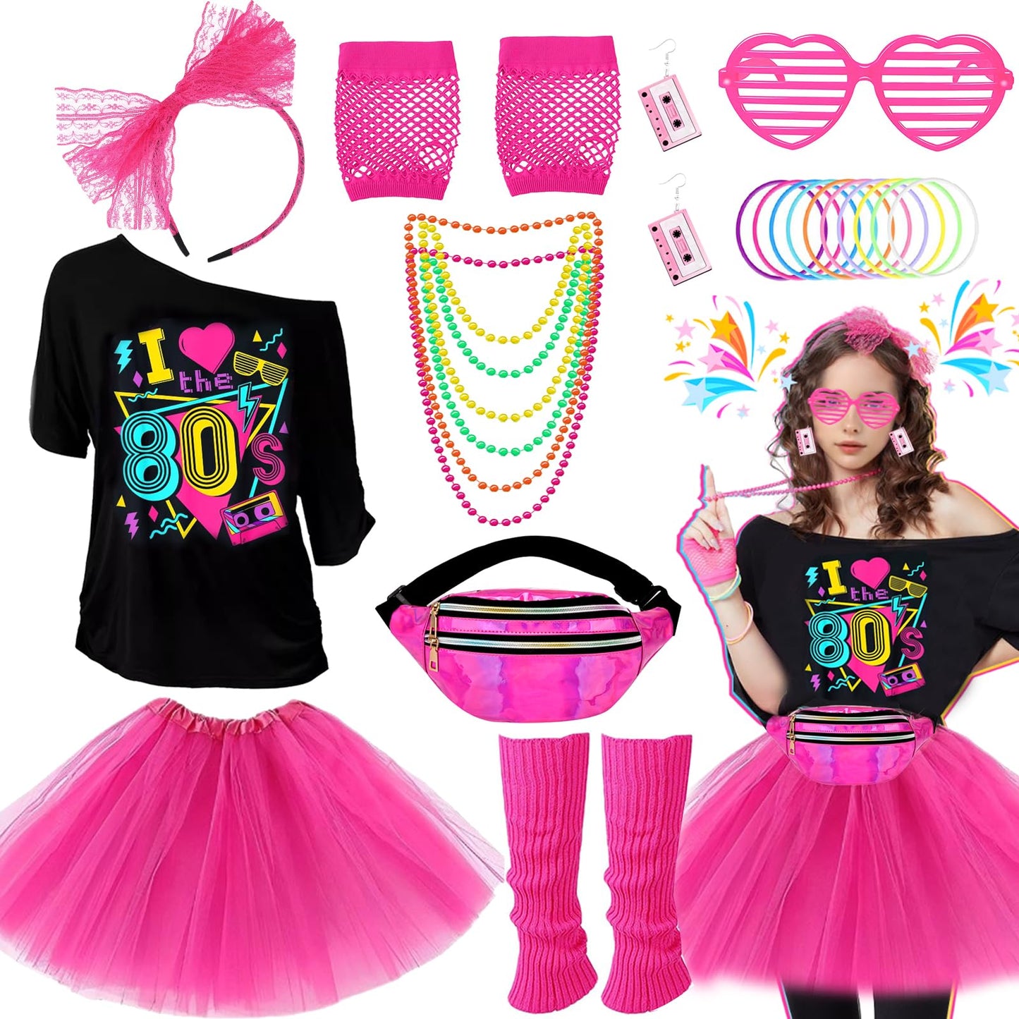 80s Fancy Dress Accessories for Women, Including T-Shirt Tutu Skirt Bumbag Leg Warmers Gloves Glasses Headband Earrings Necklace Bracelets 1980s Costume Outfits for Ladies Girls Hen Party