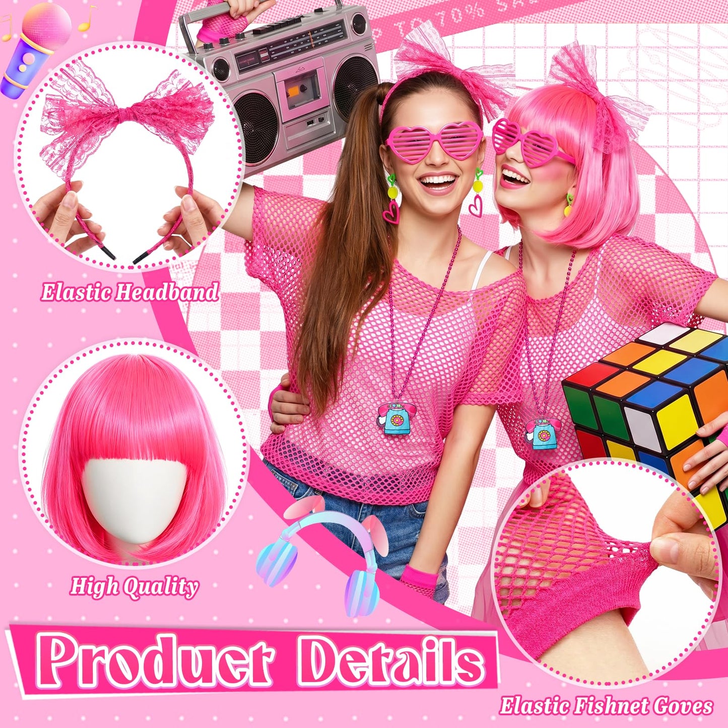 9Pcs 80s Costume Accessory Set for Women, Retro 1980s Fancy Dress Outfit with Mesh Top Wig Leg Warmers Headband Earrings Necklace Bracelets Fishnet Gloves Glasses for 80s Theme Party Halloween Cosplay
