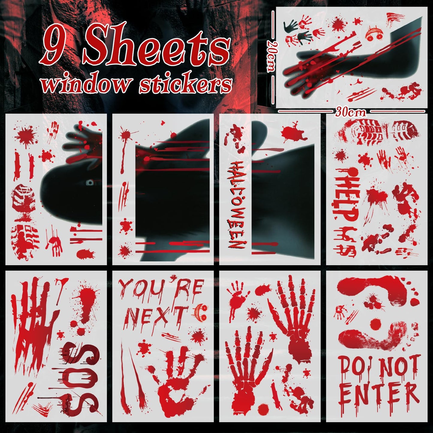 Large Halloween Window Stickers, Etopgo Bloody Decorations Double Sided Window Clings with Handprints Footprints for Halloween Party Decorations