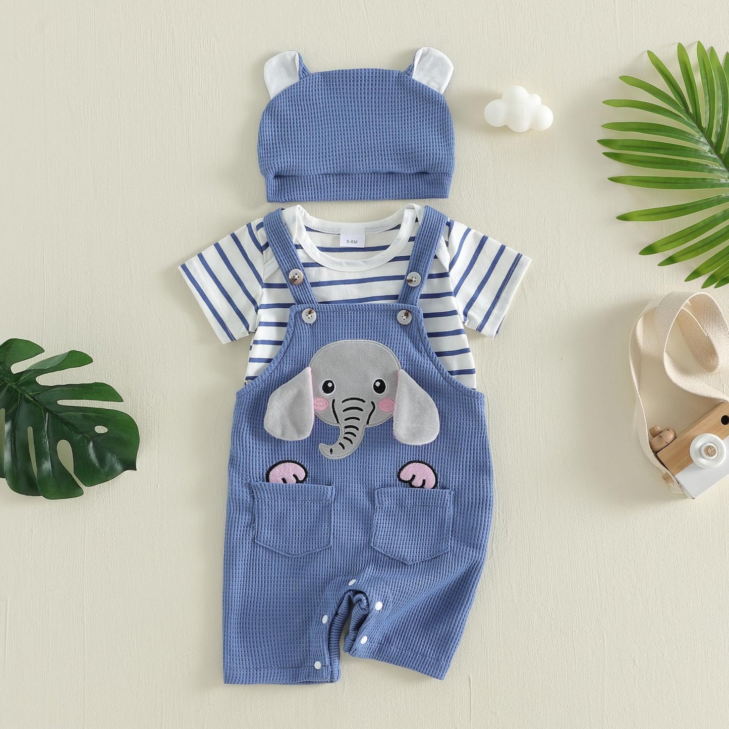 Vioyavo Newborn Baby Boy 3Pcs Summer Outfit Striped Short Sleeve Romper Top Elephant/Dinosaur Pattern Overall Pants Hat Clothes Set (Blue, 0-3 Months)