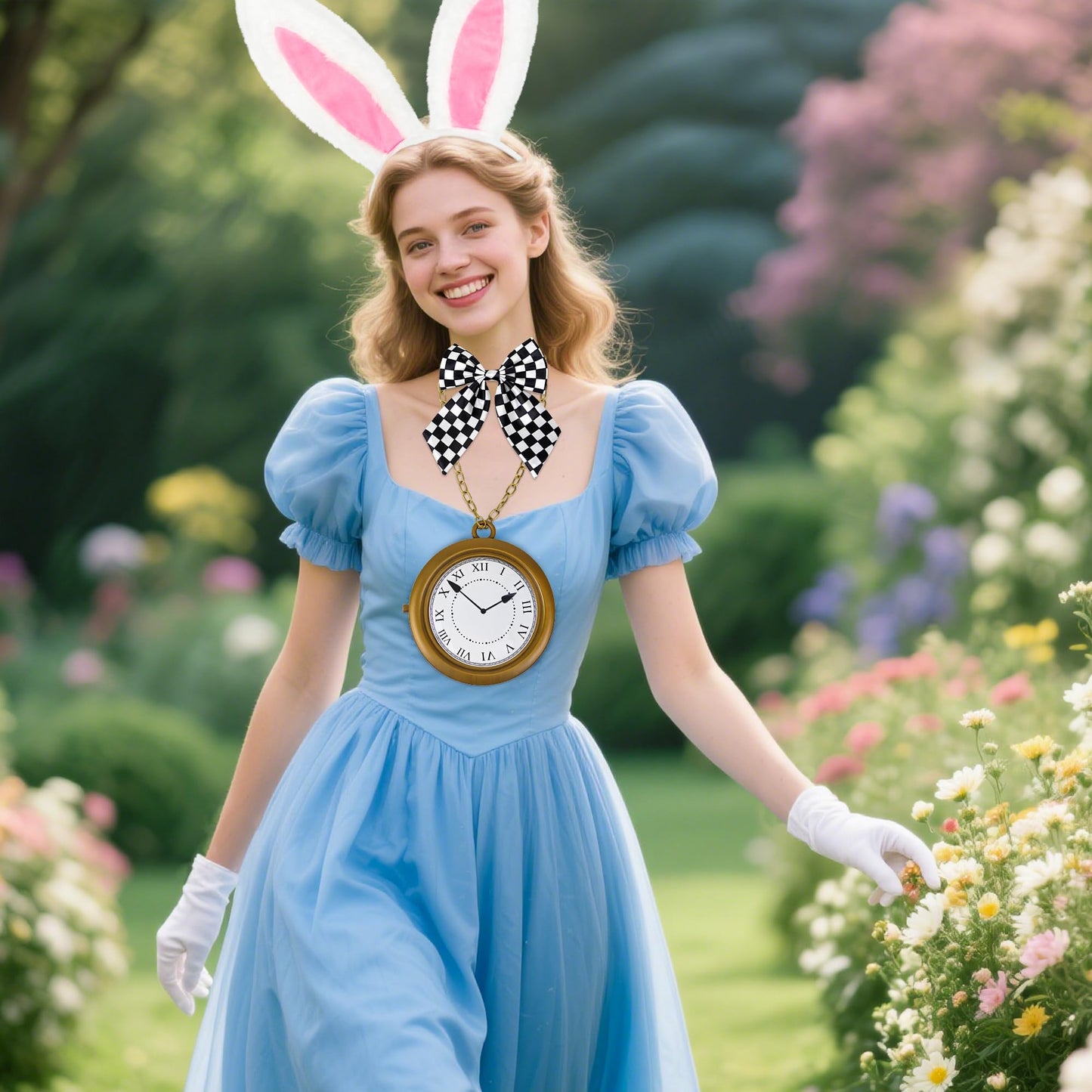 Amlisia 5 PCS White Rabbit Costume Accessories, Bunny Costume with Ears Headband and Tail Clock Bow Tie for Women Men for Easter World Book Day Book Character Dress up Halloween Cosplay