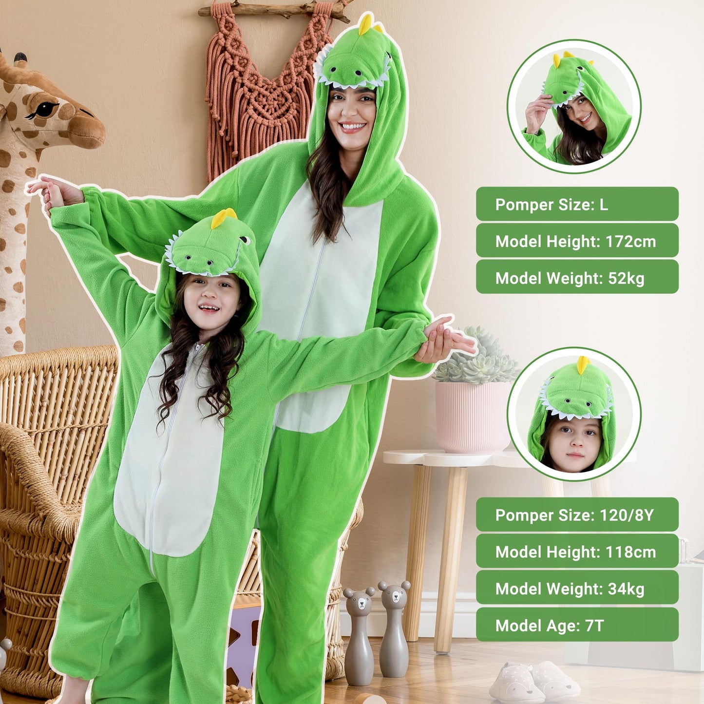 COOKY.D Unisex Animal Parent-Child Hooded Cosplay Pyjamas All in One Jumpsuit Halloween Gaming Costume Girls Boys Sleepsuit Family Outfits,Dinosaur 3-4T