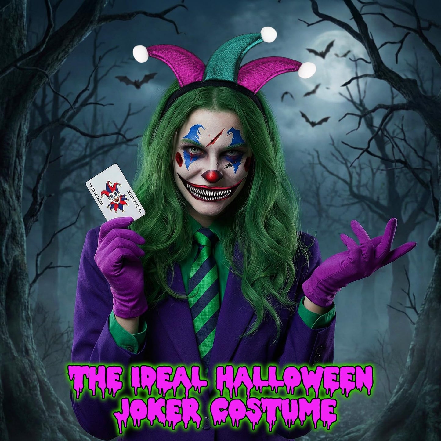 6 PCS Halloween Clown Costume Women, Joker Outfit - Clown Headband Face Tattoos Tie Gloves Knee High Socks Tutu Skirt, Harlequin Jester Joker Costume Women Accessories for Halloween Carnival Cosplay
