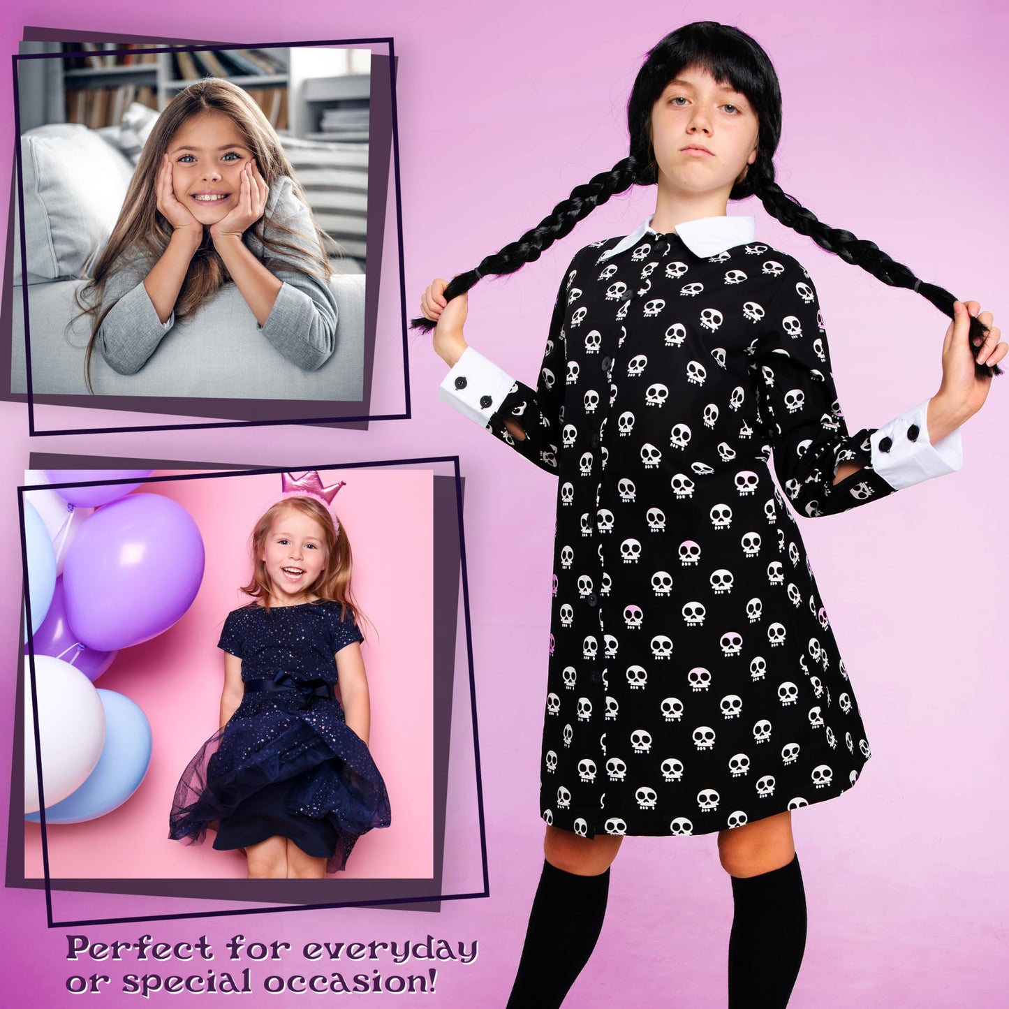 Wednesday Dress for Girls & Teens 7-16 Years, Halloween Dress with Long Sleeves & Peter Pan Collar, Halloween Costume Girls (Black AOP, 11-12 Years)