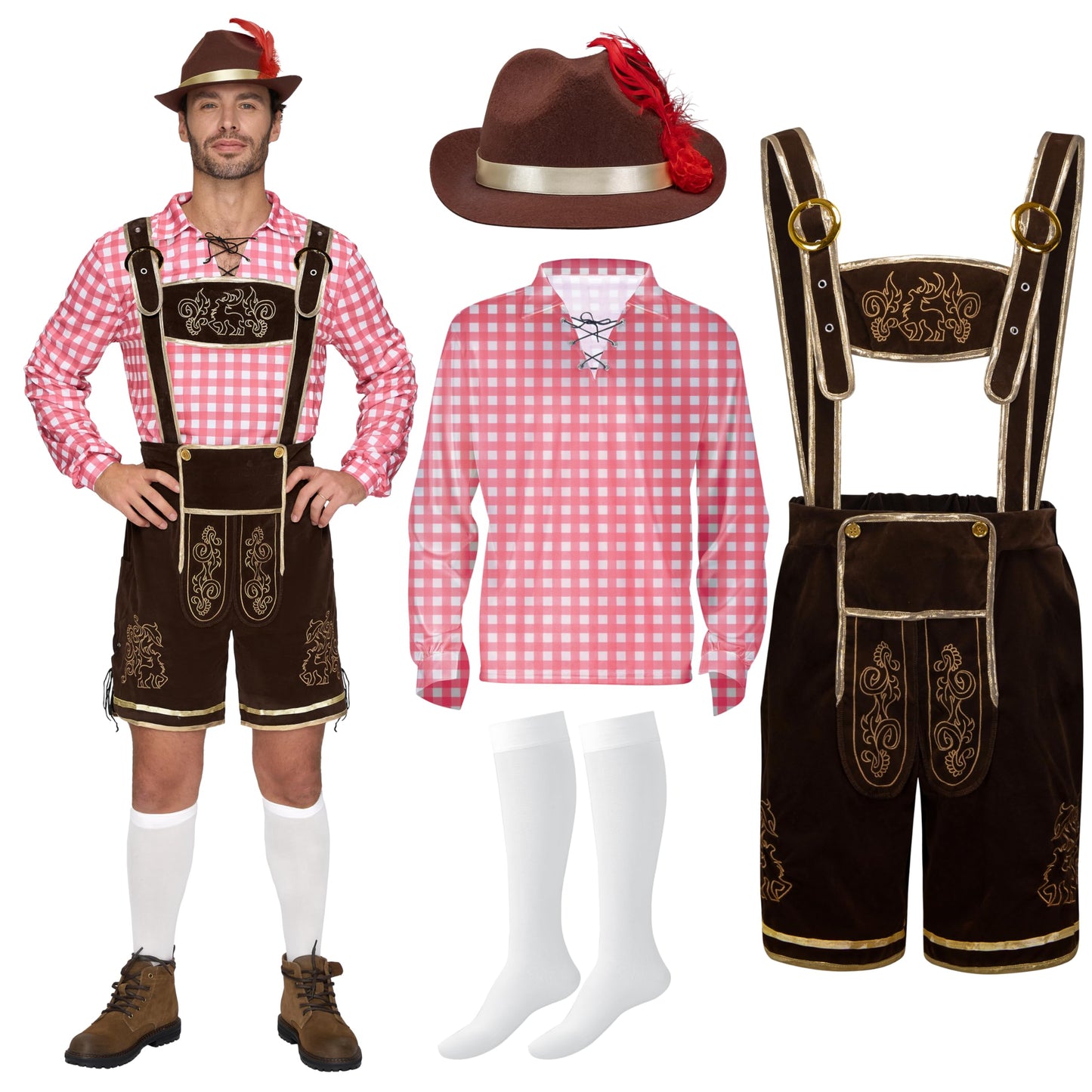 Spooktacular Creations Men’s Red Plaid German Bavarian Oktoberfest Costume Set for Halloween Dress Up Party and Beer Festival L