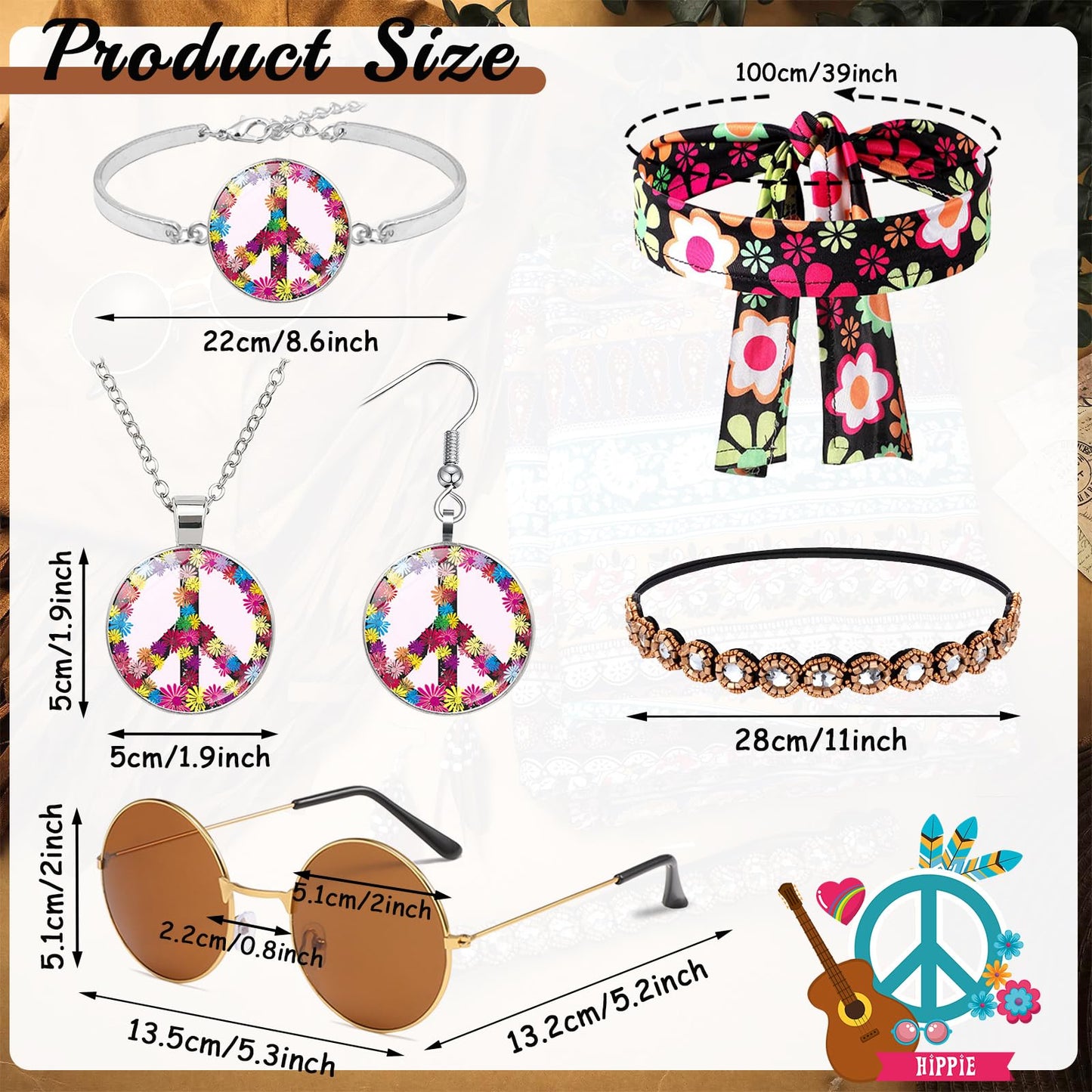 UxClishe 8 Pcs Hippie Costume Set for Women, 60s 70s Hippiy Fancy Dress Outfit Hippie Dress Up with Headband Fringe Vest-XL