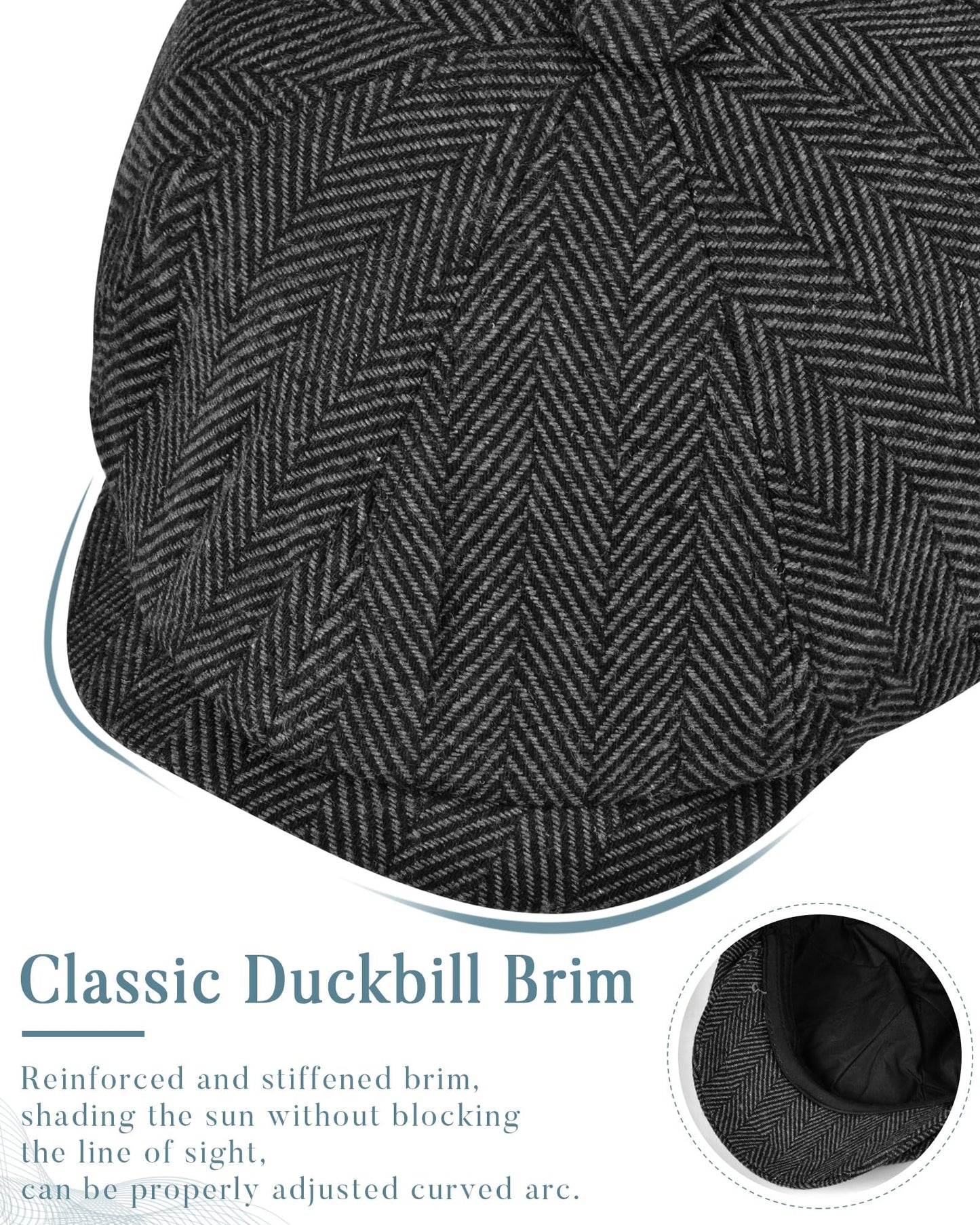 Mens Herringbone 8 Panel Caps - Classic Newsboy Tweed Flat Cap