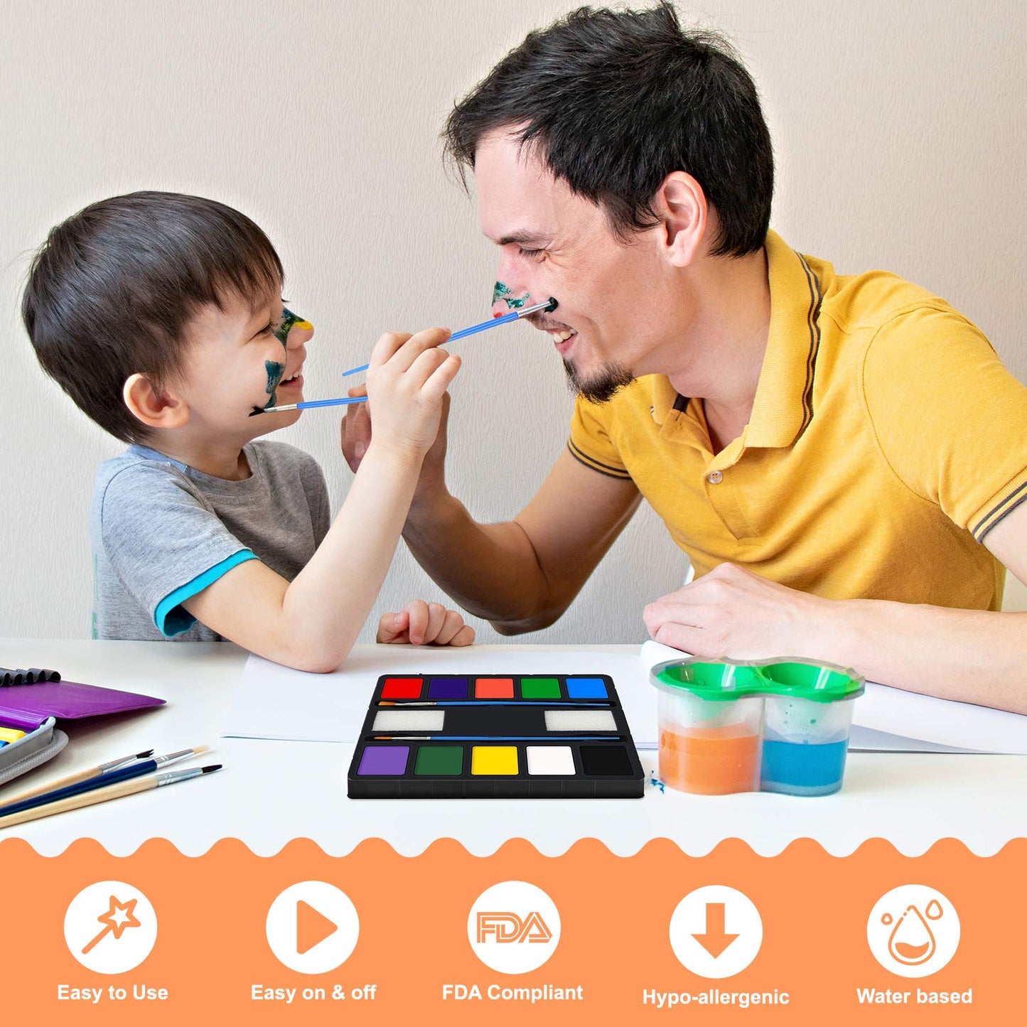 ENJSD Face Paint 14 PCS, Face Paint for Kids and Adults, Water Based Non-Toxic 10 Vivid Colors, 2 Brushes & Sponges, Easily Washable Safe Body Painting for Halloween Makeup and Cosplay