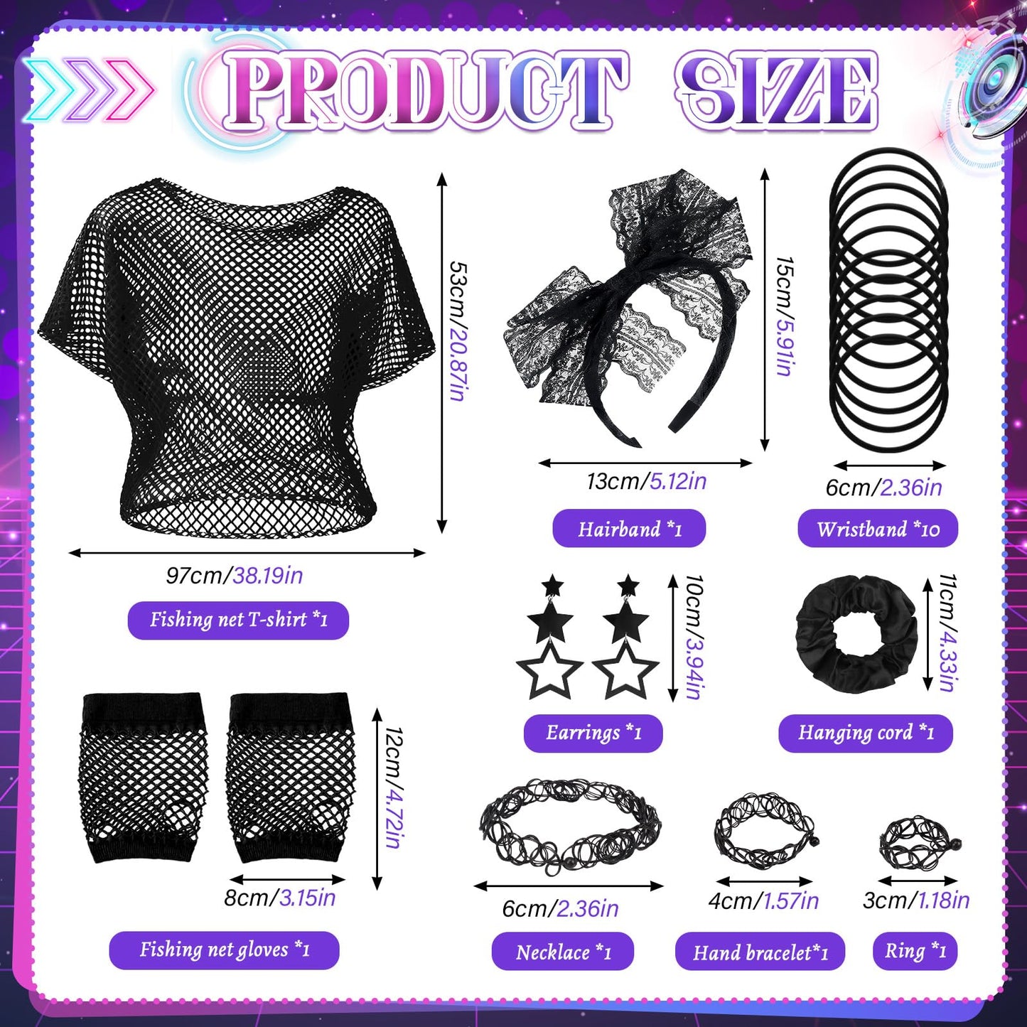Dazzroi 80s Women Costume Accessories Set, 20Pcs 1980s Party Costume Set Includes Black Fishing Net T-shirt Gloves Headband Earrings Scrunchie Necklace Bracelets Ring for Retro 80s Party
