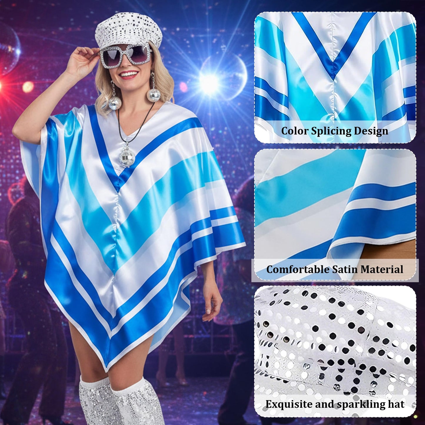 Fictoria 70s Disco Costume Women - 1970s Poncho Fancy Dress Accessories Set with Hat Sunglasses Earrings Necklace and Leg Warmers, 1970s Theme Party Birthday Dance Outfit