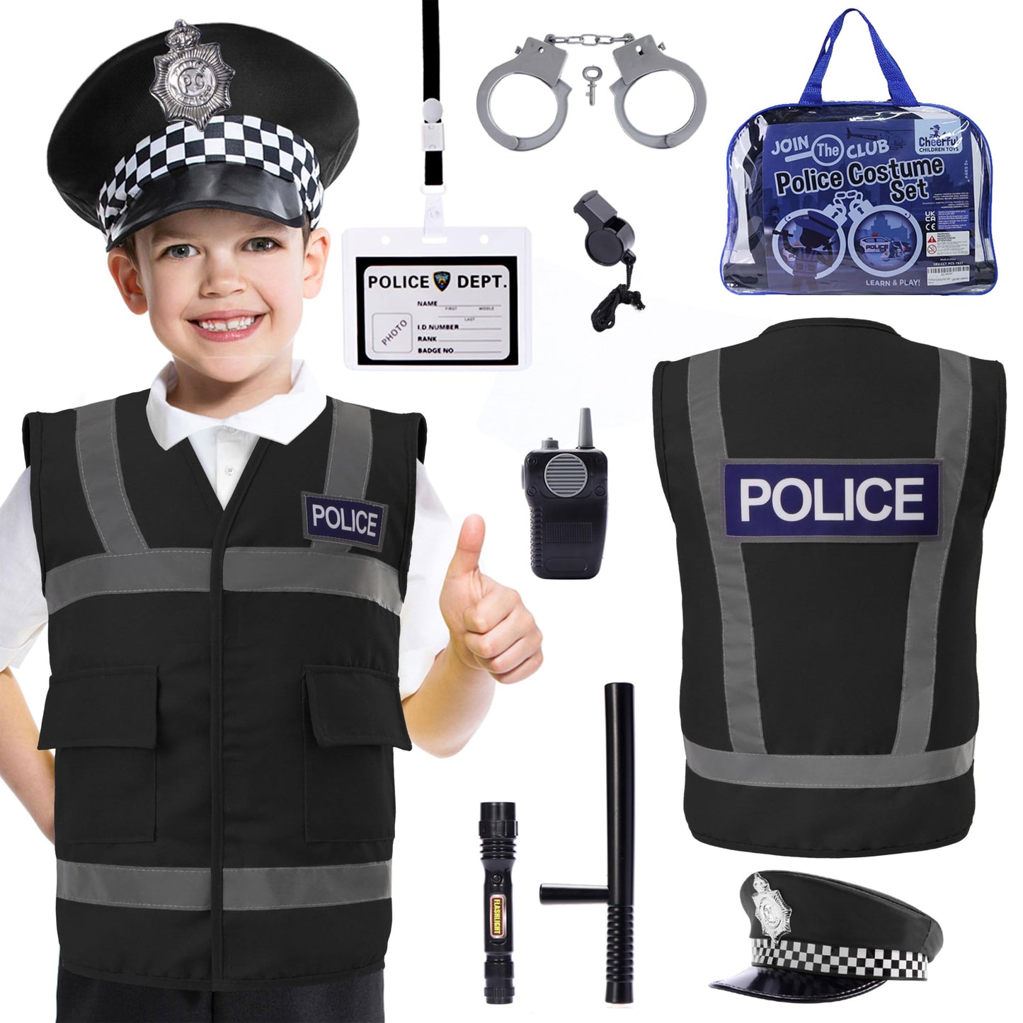 Police Costume Kids Ages 3-7, Complete Officer Set with Hat, Vest, Trousers & Siren Sound Walkie Talkie, Fancy Dress Roleplay Outfit for Halloween & Parties (Black Police Costume without Trousers)