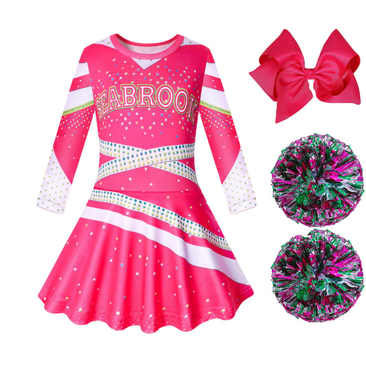 Lspoer Zombies 3 Costume Girls Halloween Costume Girls Dresses with Poms Poms Cheerleader Costume for Girls Party Dress up Fancy Pink Dress for 5-6 Years