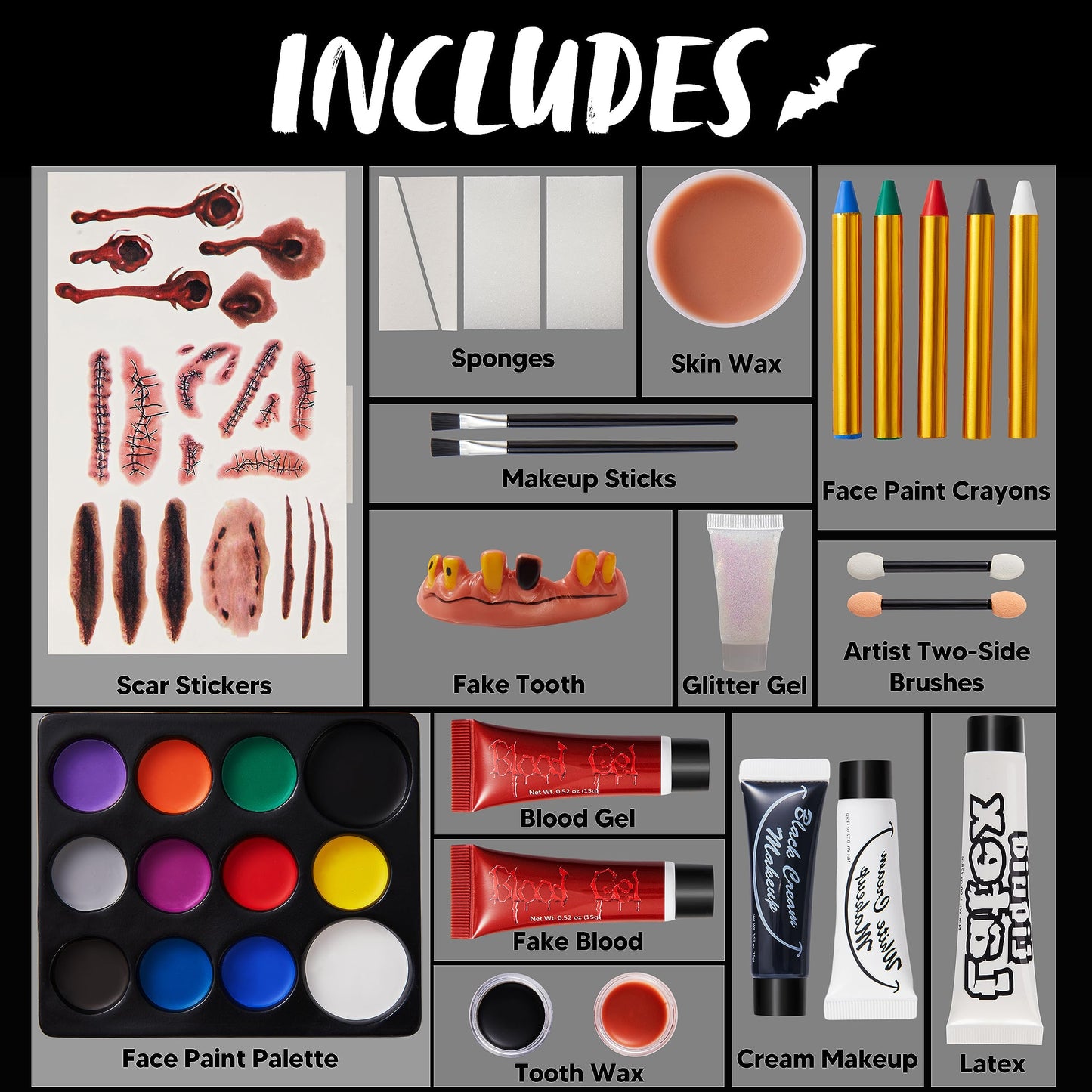 JOYIN 36 Pcs Halloween Face Paint Kit Makeup Set for Body Painting Party Cosplay Special Effects, All-in-1 Face Paint Palette Crayons Brushes Tooth Wax