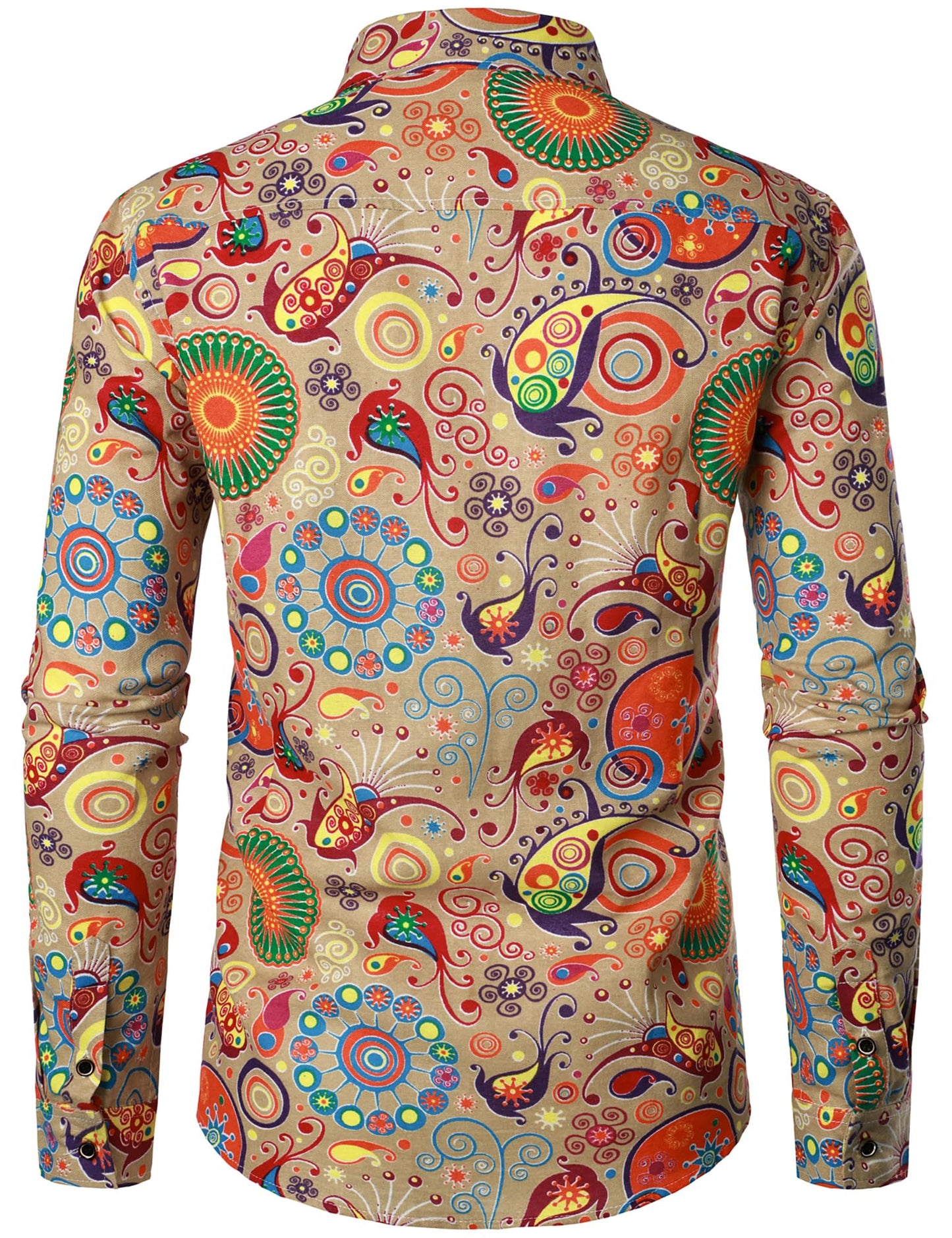 PARKLEES Men's Linen 70s Hippie Traditional Style Pattern Printed Long Sleeve Button up Shirt Khaki Large