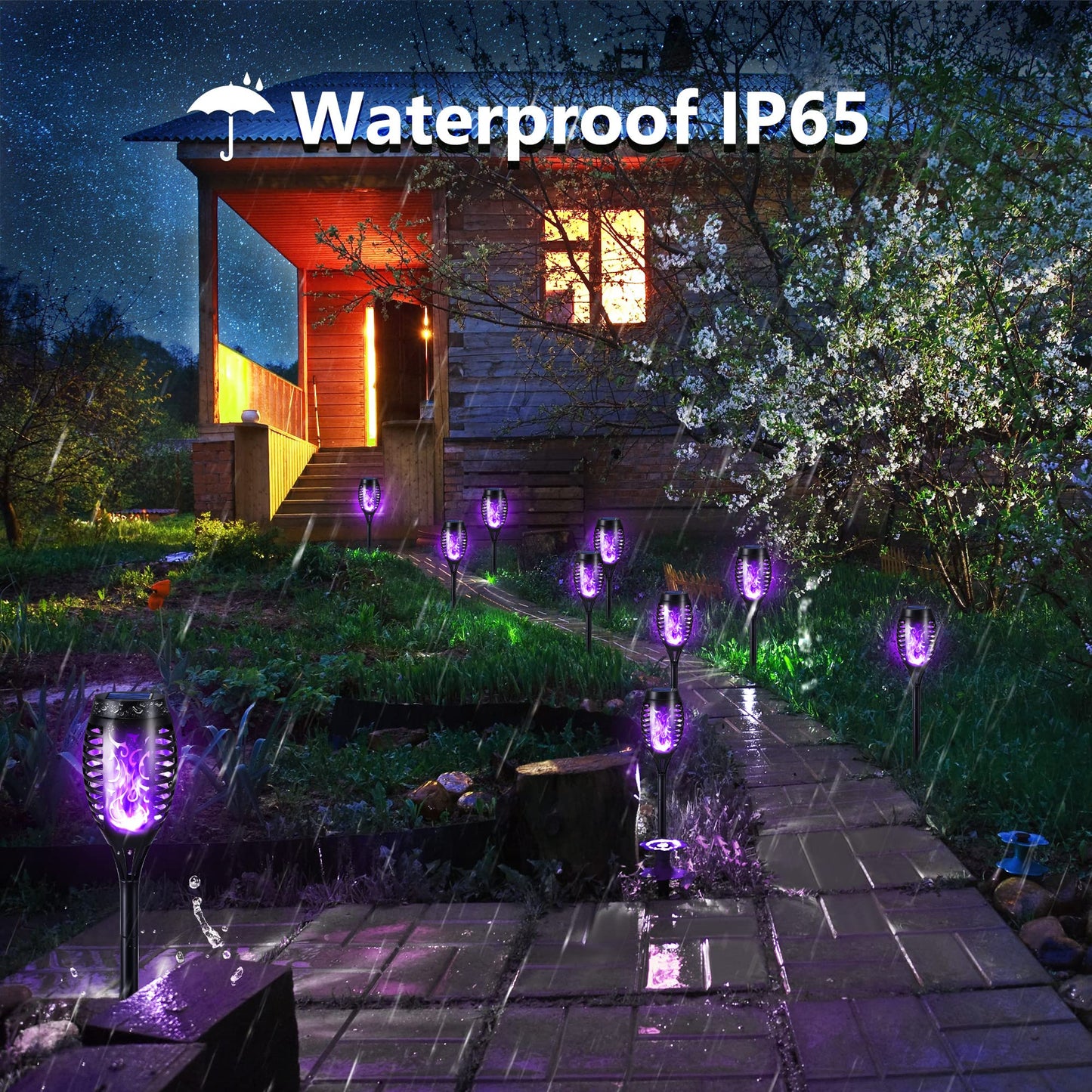 Geemoo 6 Pack Solar Flickering Dancing Flame Lights Purple Waterproof Solar Torch Lights for Outdoor Garden Patio Pathway Yard Driveway Halloween Decorative