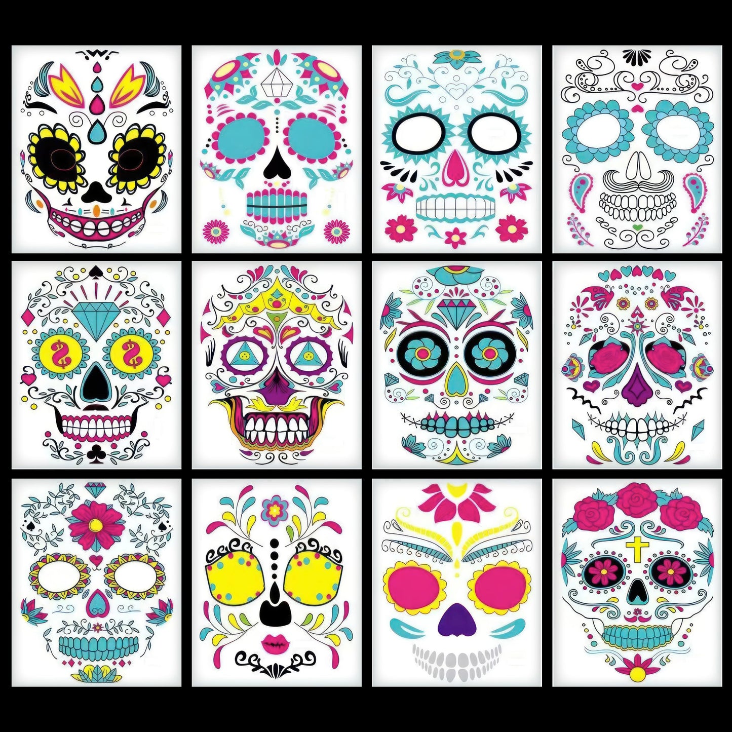 12 PCS Day of the Dead Costume Tattoos for Halloween - Temporary Sugar Skull Face Stickers for Makeup, Masquerade, Parties. Face & Body Tattoos for Events
