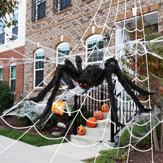 Realistic black plush giant spider decoration with large spider web