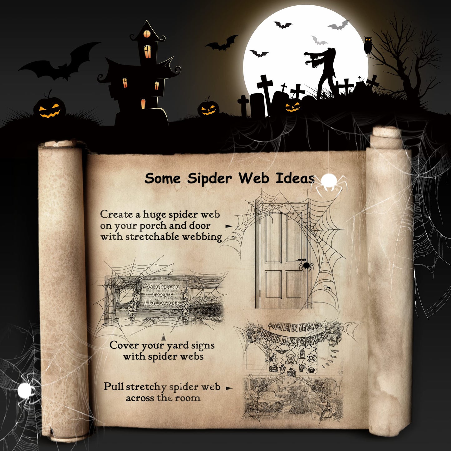 Cover 3000 Square Feet 500g Halloween Spider Web Stretchable Cobweb with 50 pcs Small Spiders Halloween Indoor Outdoor Decorations