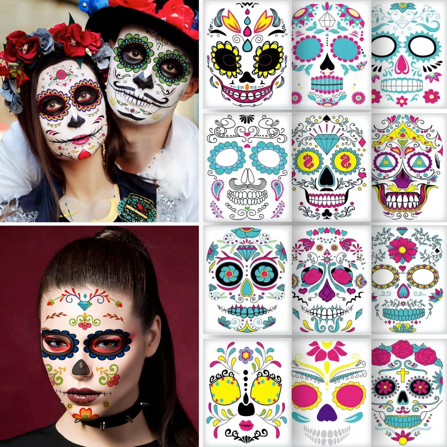 12 PCS Day of the Dead Costume Tattoos for Halloween - Temporary Sugar Skull Face Stickers for Makeup, Masquerade, Parties. Face & Body Tattoos for Events
