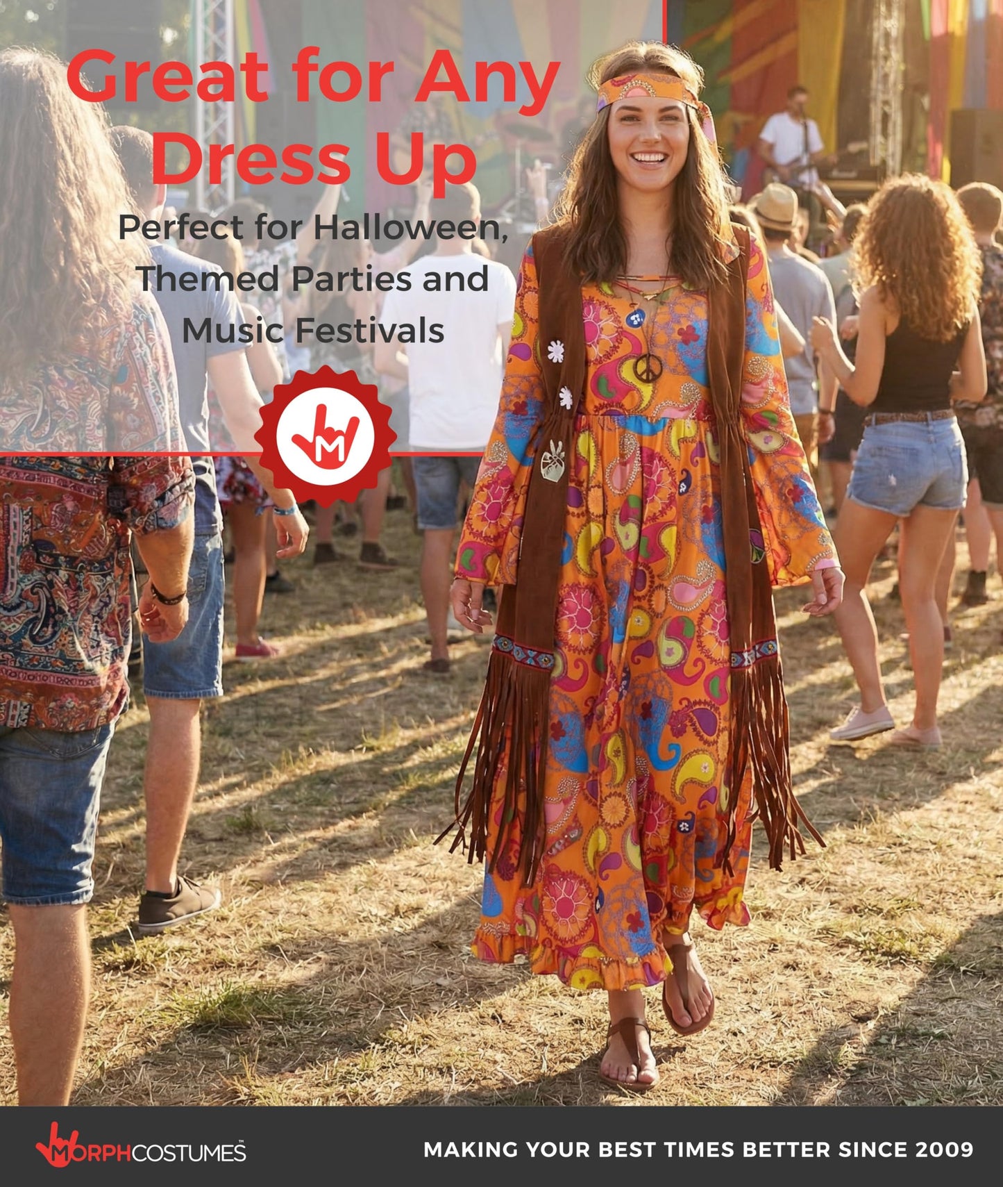 Morph Long Hippie Costume Women, 70s Fancy Dress Women, Hippy Fancy Dress for Womens, World Book Day Costumes Adults, Large
