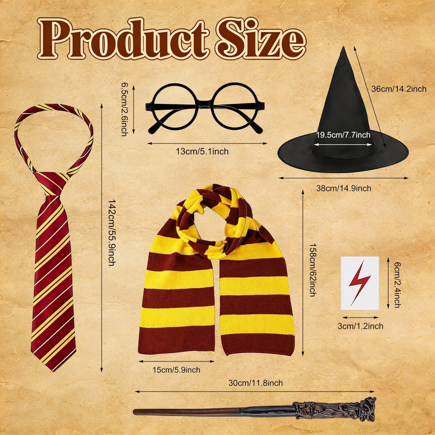 DABAOOU 7pcs Wizard Cape Costume Accessories Set, Halloween World Book Day Fancy Dress Adults, Black Hooded Cape, Scarf, Magic Wand, Glasses, Tie, Hat and Tattoo Stickers, Themed Party Cosplay Outfit
