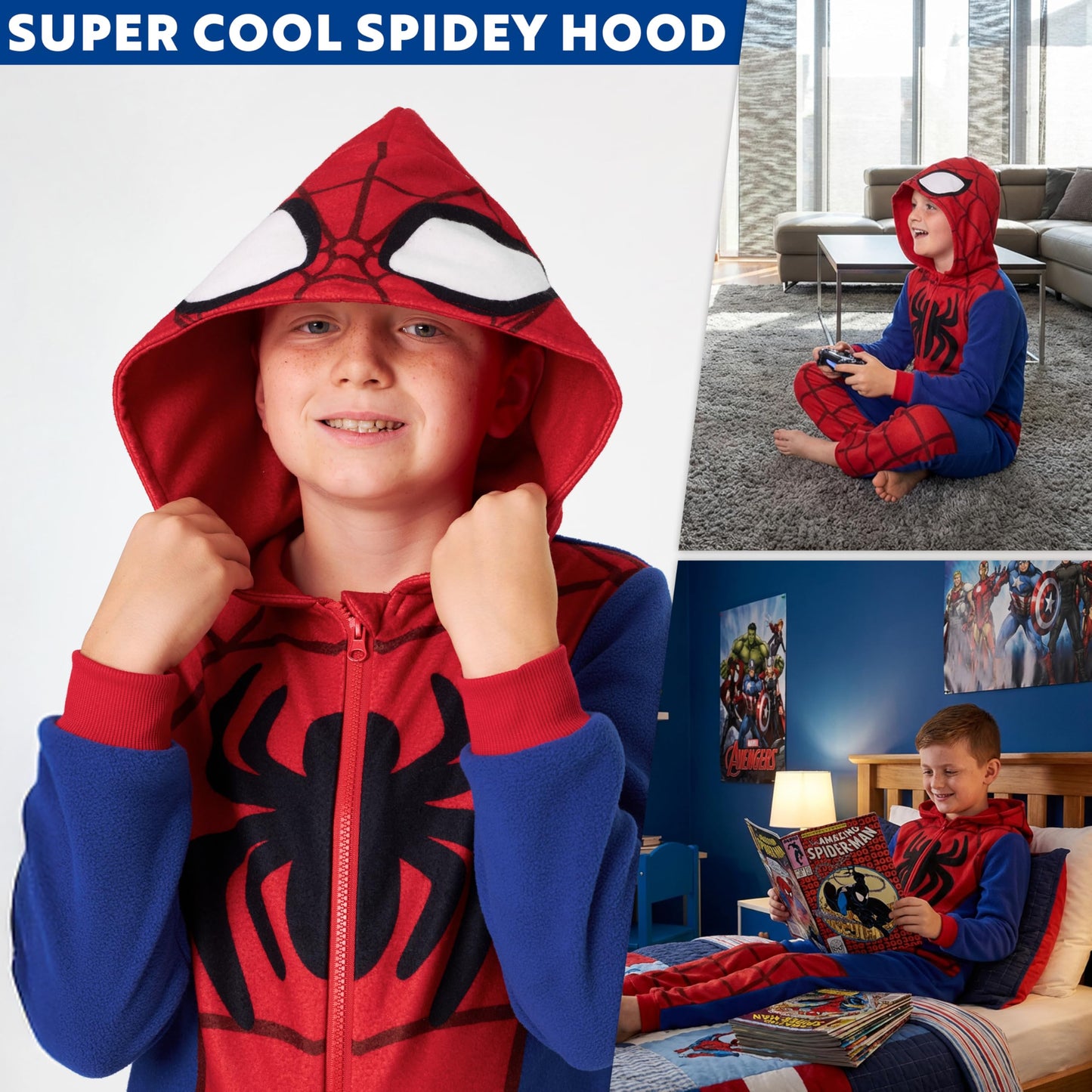 Marvel Spiderman Onesie for Boys, All in One Fleece Pyjamas, Hooded Jumpsuit Loungewear, Cosy Warm Nightwear, Gifts for Boys (5-6 Years, Blue/Red)