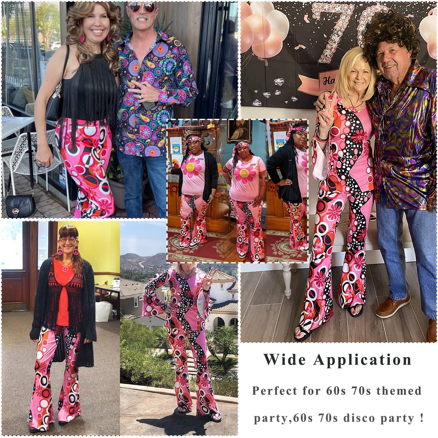 YADODO 60s 70s Fancy Dress Women Disco with Hippie Costume Flared Trousers Clothes Hippy Accessories Fancy Dress for Women Adult 1970s 1960s 70 Style Ladies Pink Flower Power