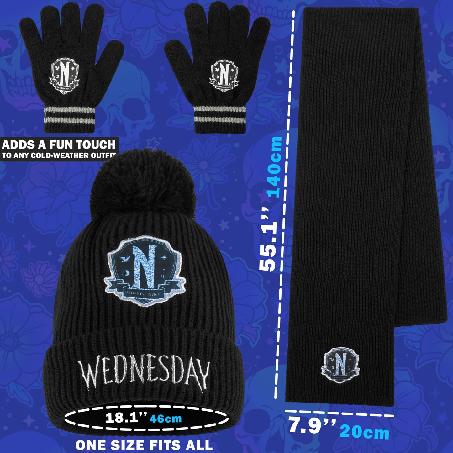 Wednesday Beanie Winter Accessories Set for Girls & Teens 6-14 Years, 3pcs Warm Knit Hat Scarf Gloves, Gothic Gifts for Girls