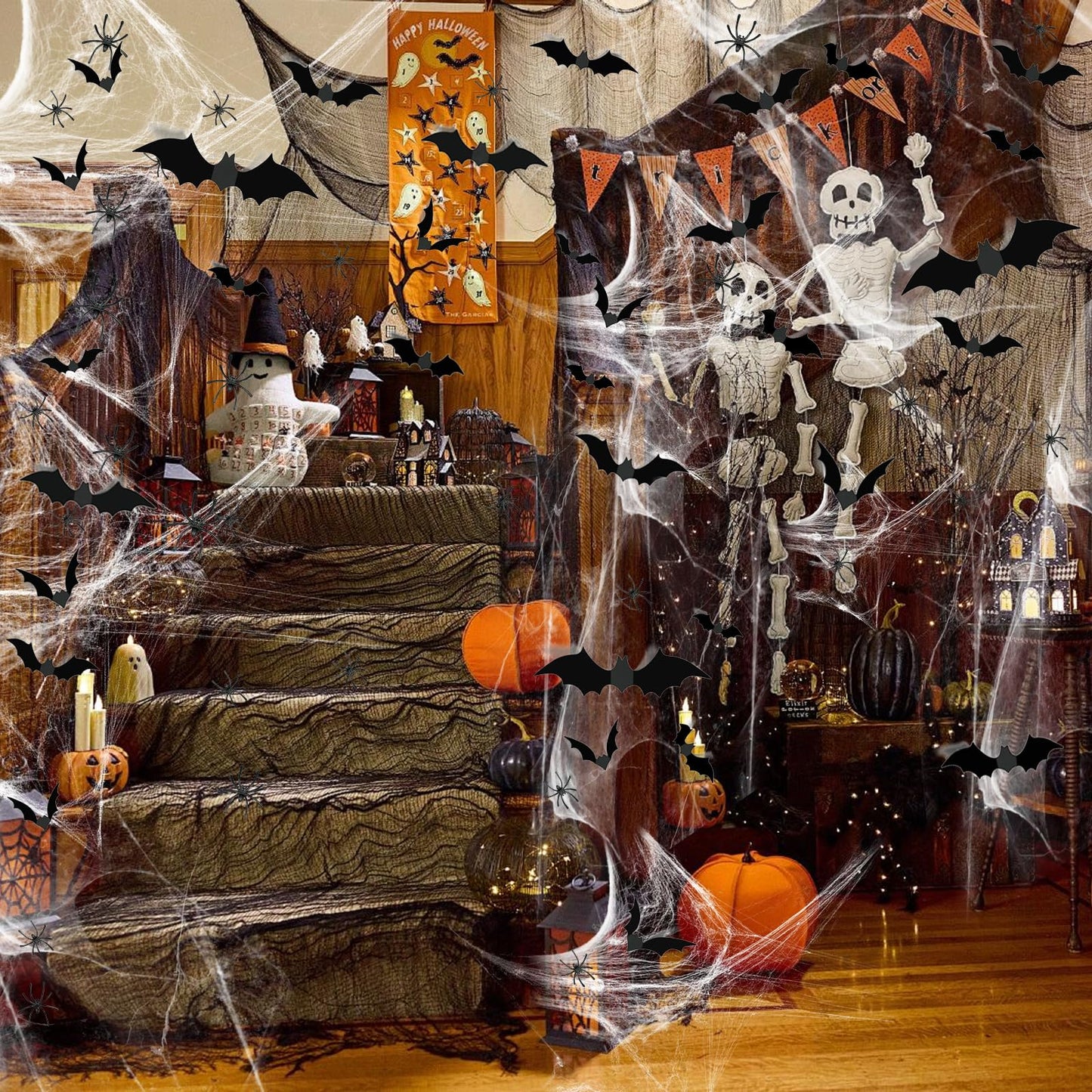 1200 sqft Halloween Spider Webs &120pcs Fake bats 50pcs Fake Spiders Super Stretch Cobwebs for Halloween Theme Decoration Party Supplies