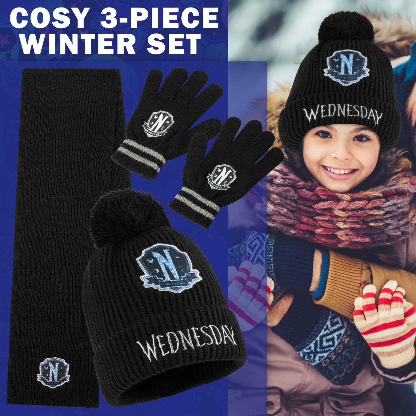 Wednesday Beanie Winter Accessories Set for Girls & Teens 6-14 Years, 3pcs Warm Knit Hat Scarf Gloves, Gothic Gifts for Girls