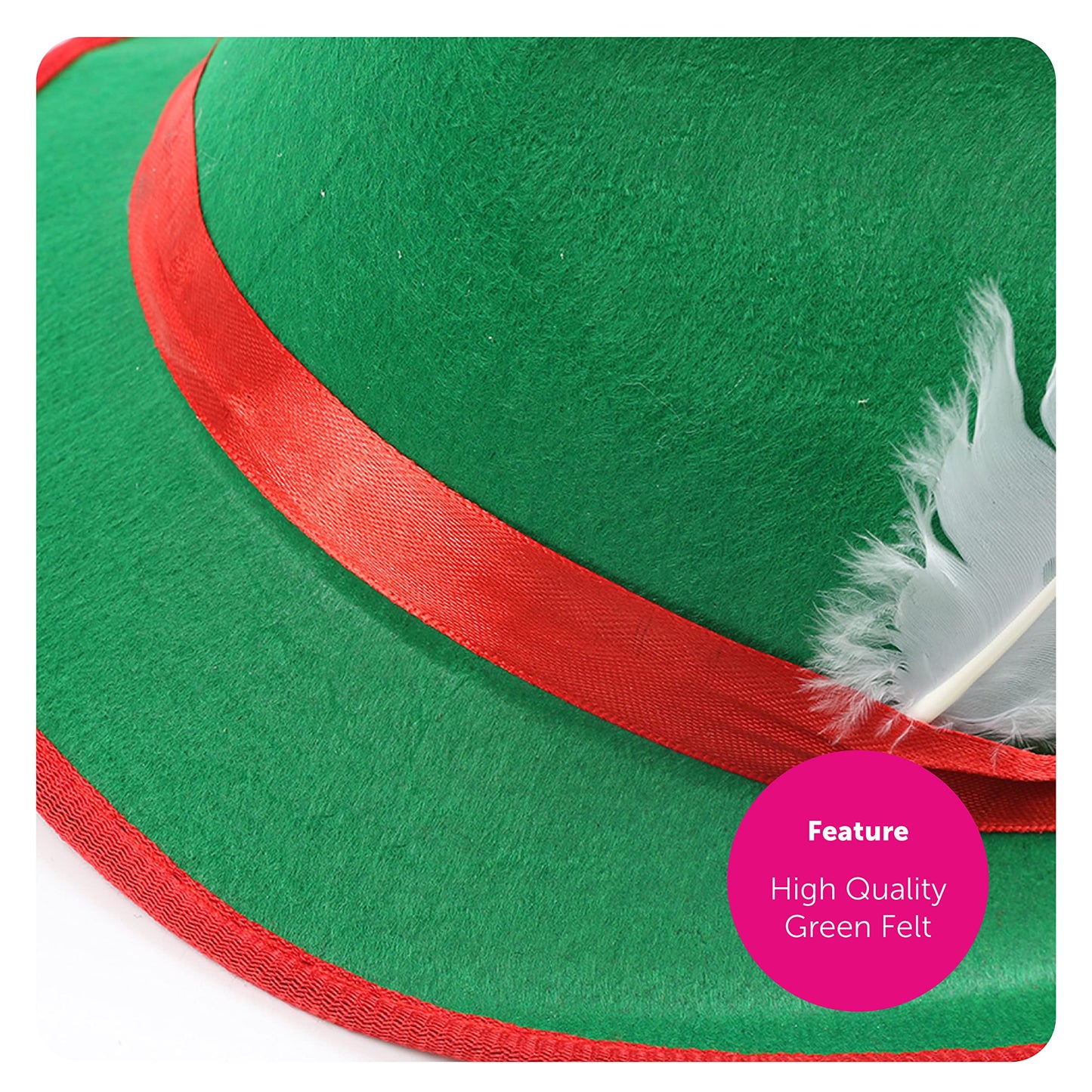 Adults Green Bavarian Hat - Pack of 6 Green and Red Oktoberfest Hat with Feather Detail - Adults German Oktoberfest Fancy Dress Costume Accessory